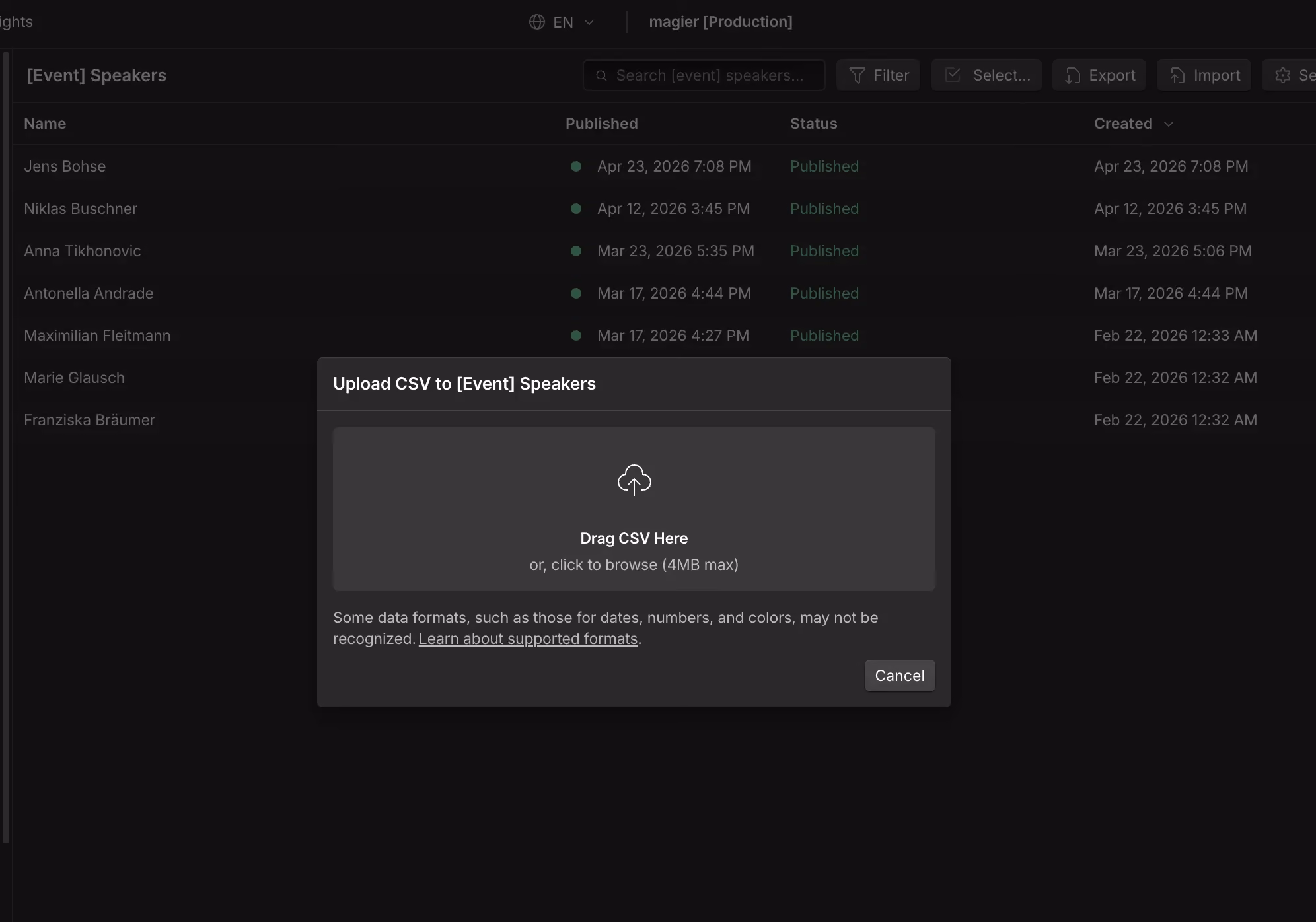Webflow CMS collection with the CSV upload dialog open, used for importing content when you migrate from TYPO3 to Webflow