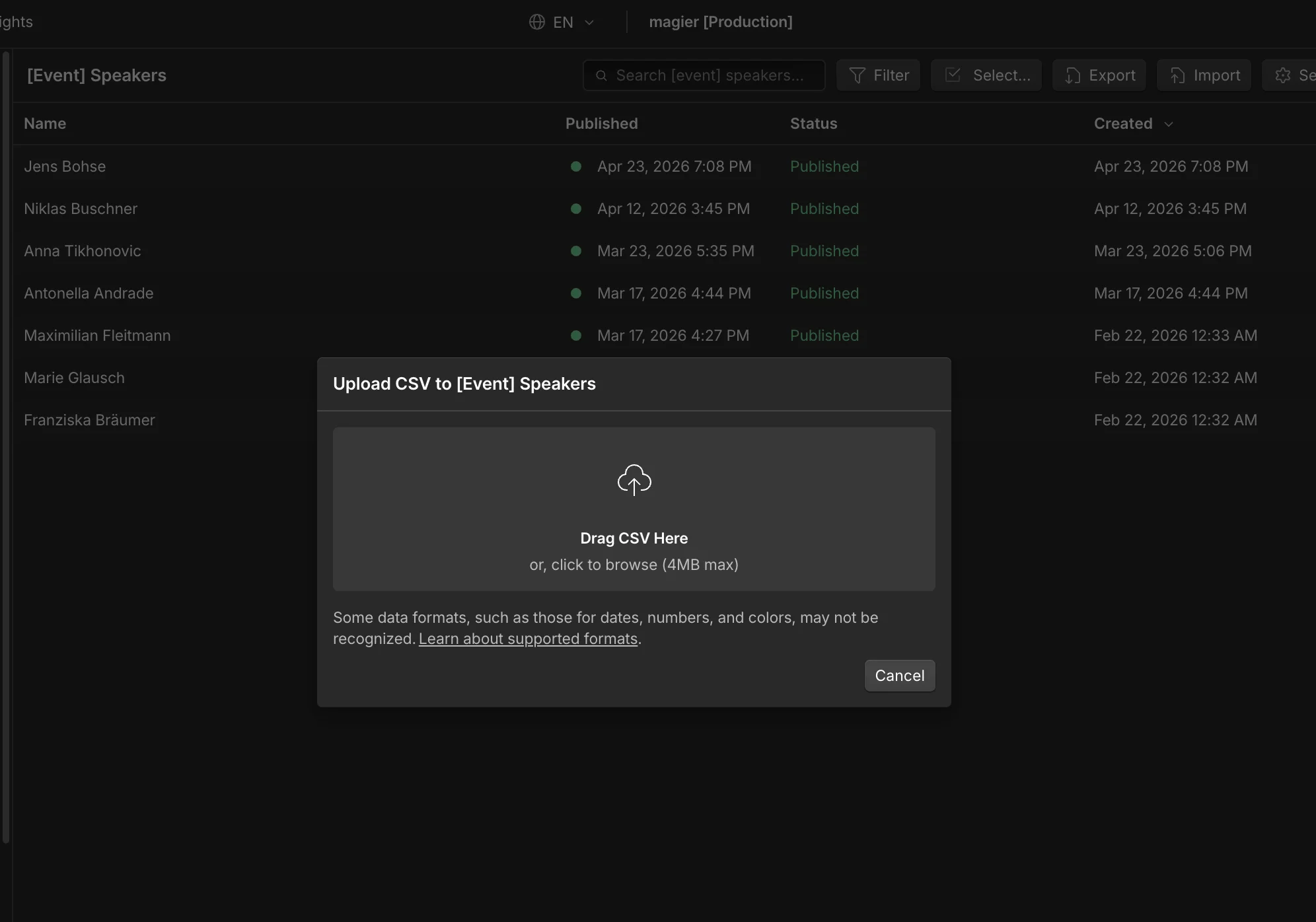 Webflow CMS collection with the CSV upload dialog open, used for importing content when you migrate from TYPO3 to Webflow