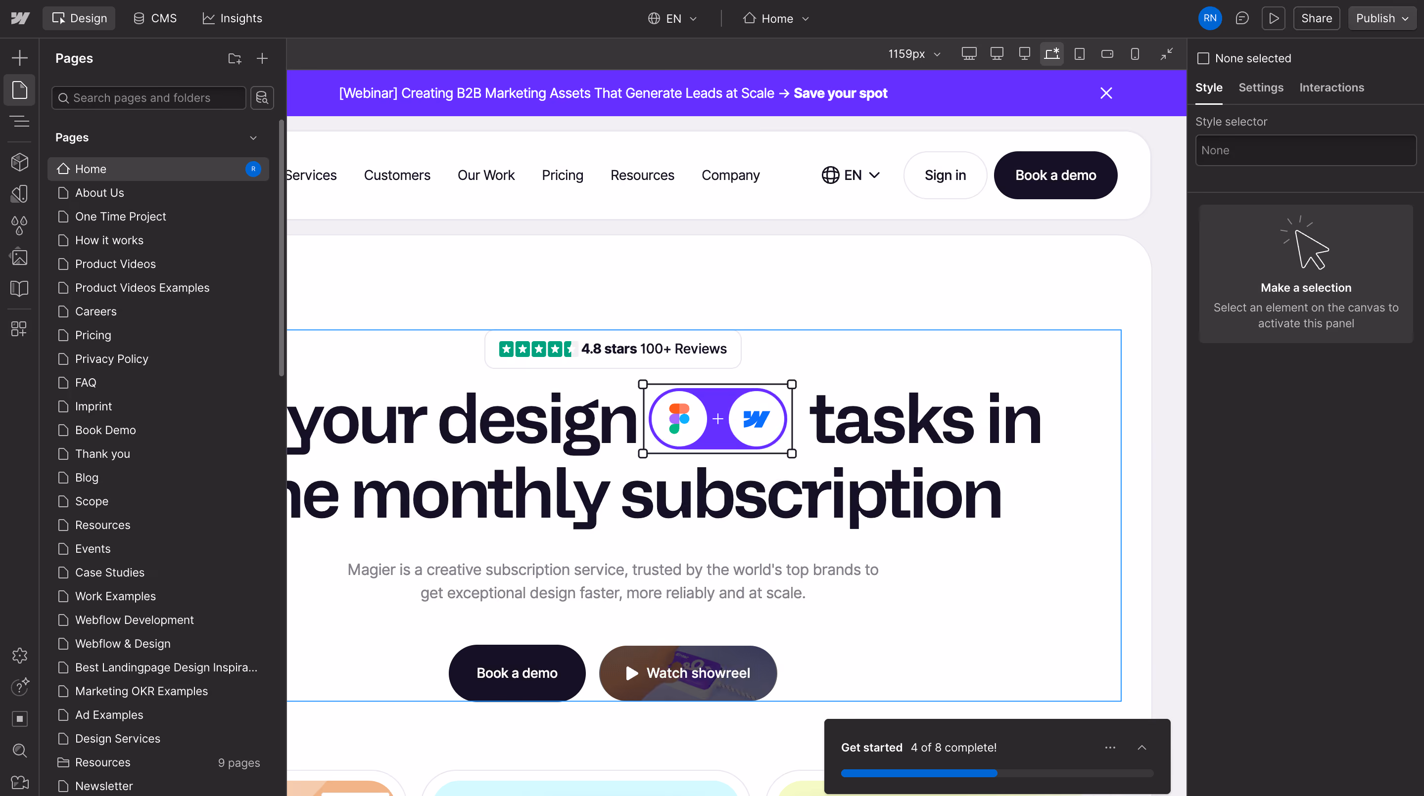 Webflow Designer with the Pages panel open showing static pages like Home, About Us, Careers, and Blog, where you rebuild your site after you migrate from TYPO3 to Webflow