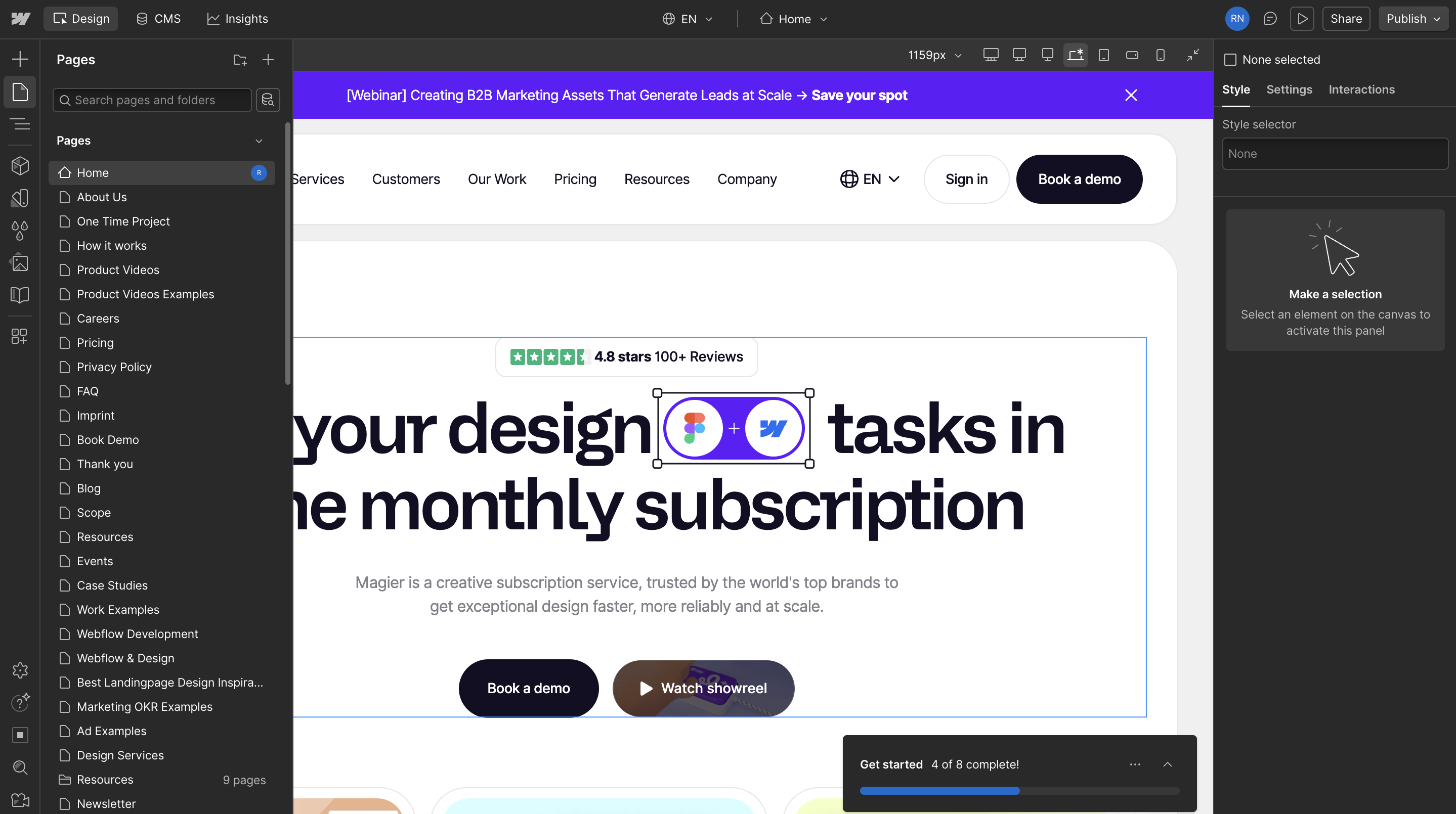 Webflow Designer with the Pages panel open showing static pages like Home, About Us, Careers, and Blog, where you rebuild your site after you migrate from TYPO3 to Webflow