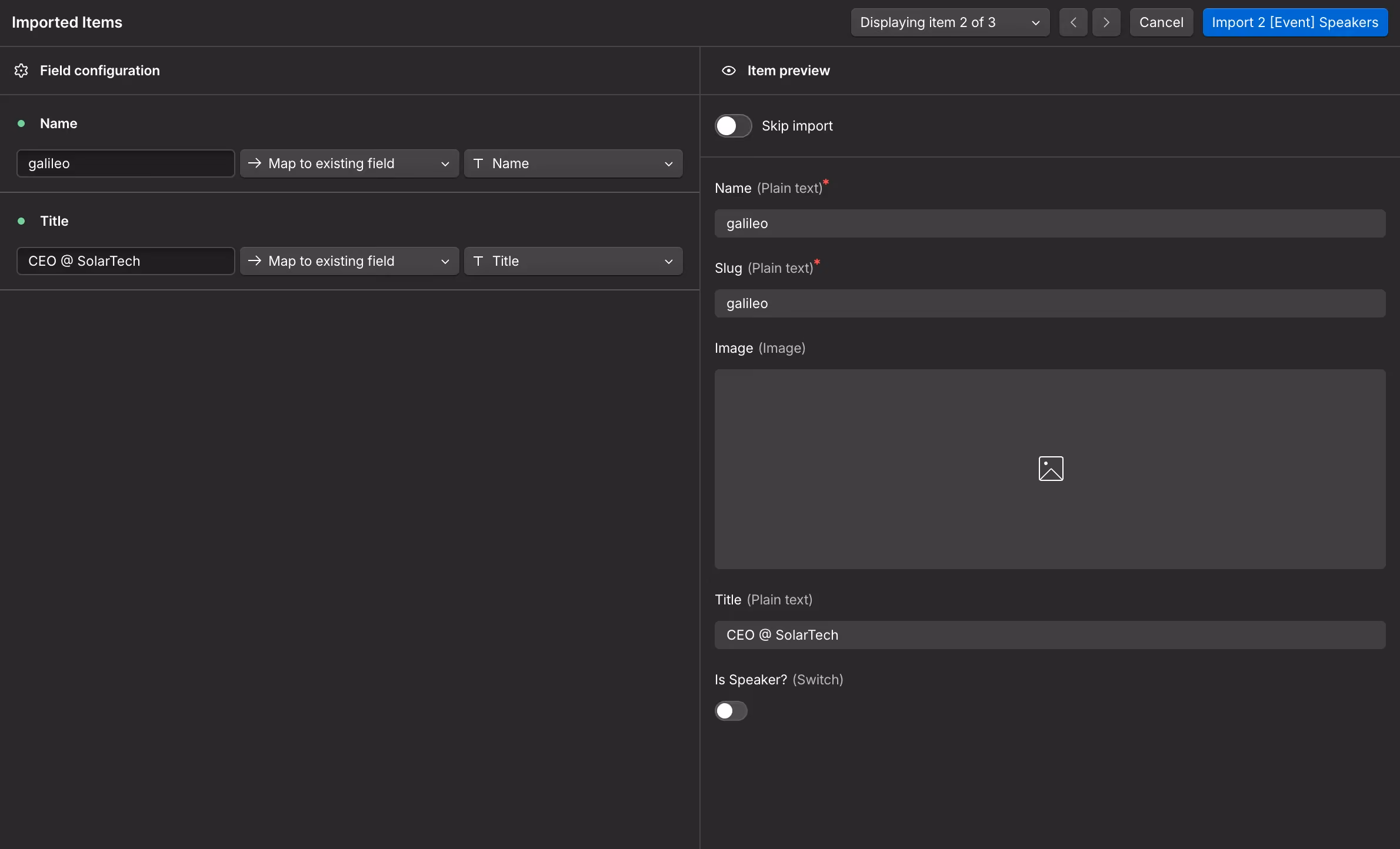 Webflow CSV import field mapping screen showing how to map TYPO3 export columns to Webflow collection fields when you migrate from TYPO3 to Webflow