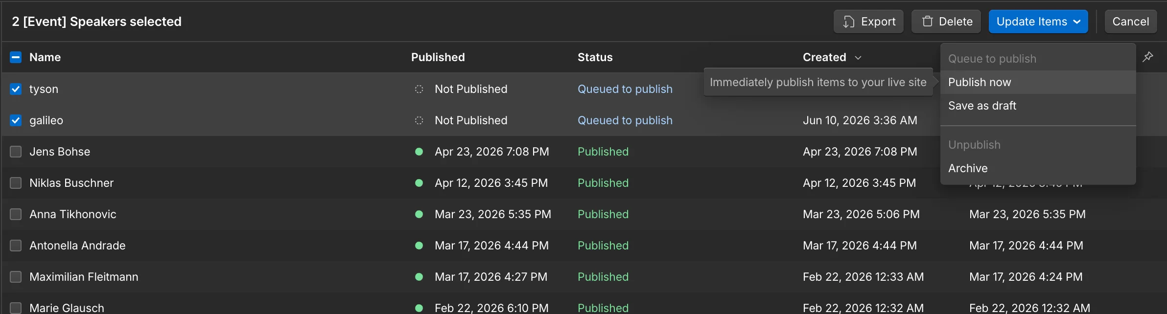 Webflow CMS collection list with publish options including queue to publish, publish now, and save as draft, used for reviewing imported content after you migrate from TYPO3 to Webflow