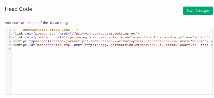 Webflow custom code head section with UserCentrics consent tool embed code for GDPR compliance when you migrate from TYPO3 to Webflow