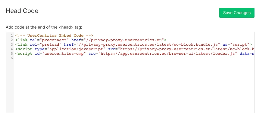 Webflow custom code head section with UserCentrics consent tool embed code for GDPR compliance when you migrate from TYPO3 to Webflow