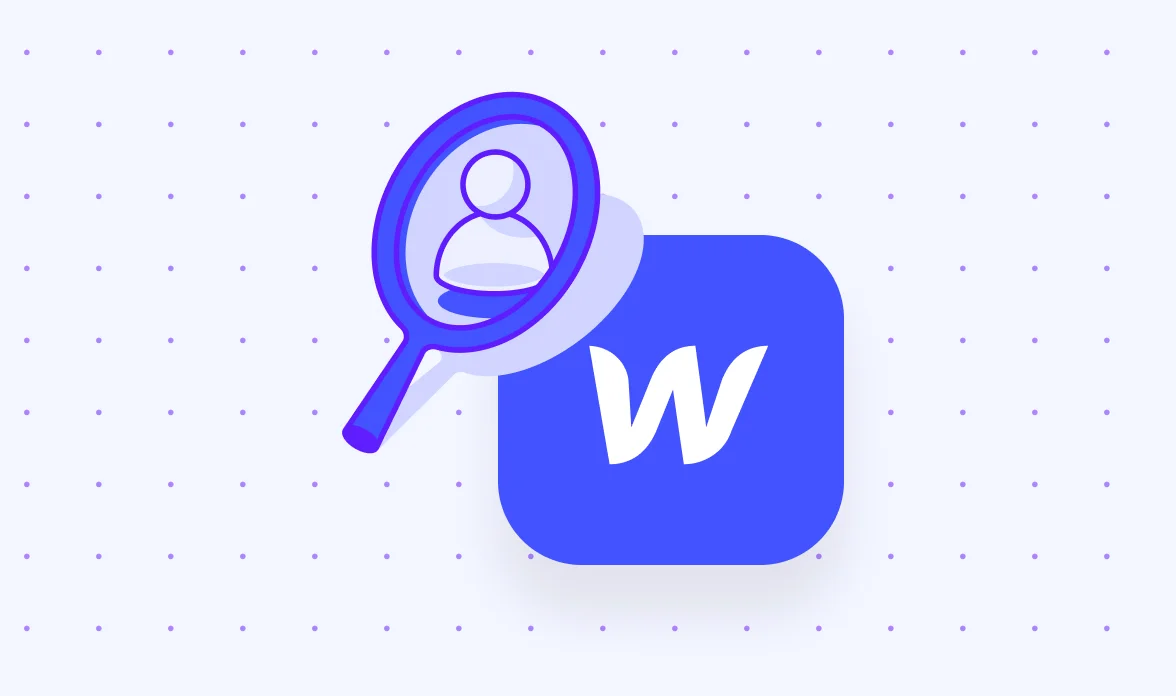 Illustration of a magnifying glass over the Webflow logo representing Webflow SEO optimization and search visibility