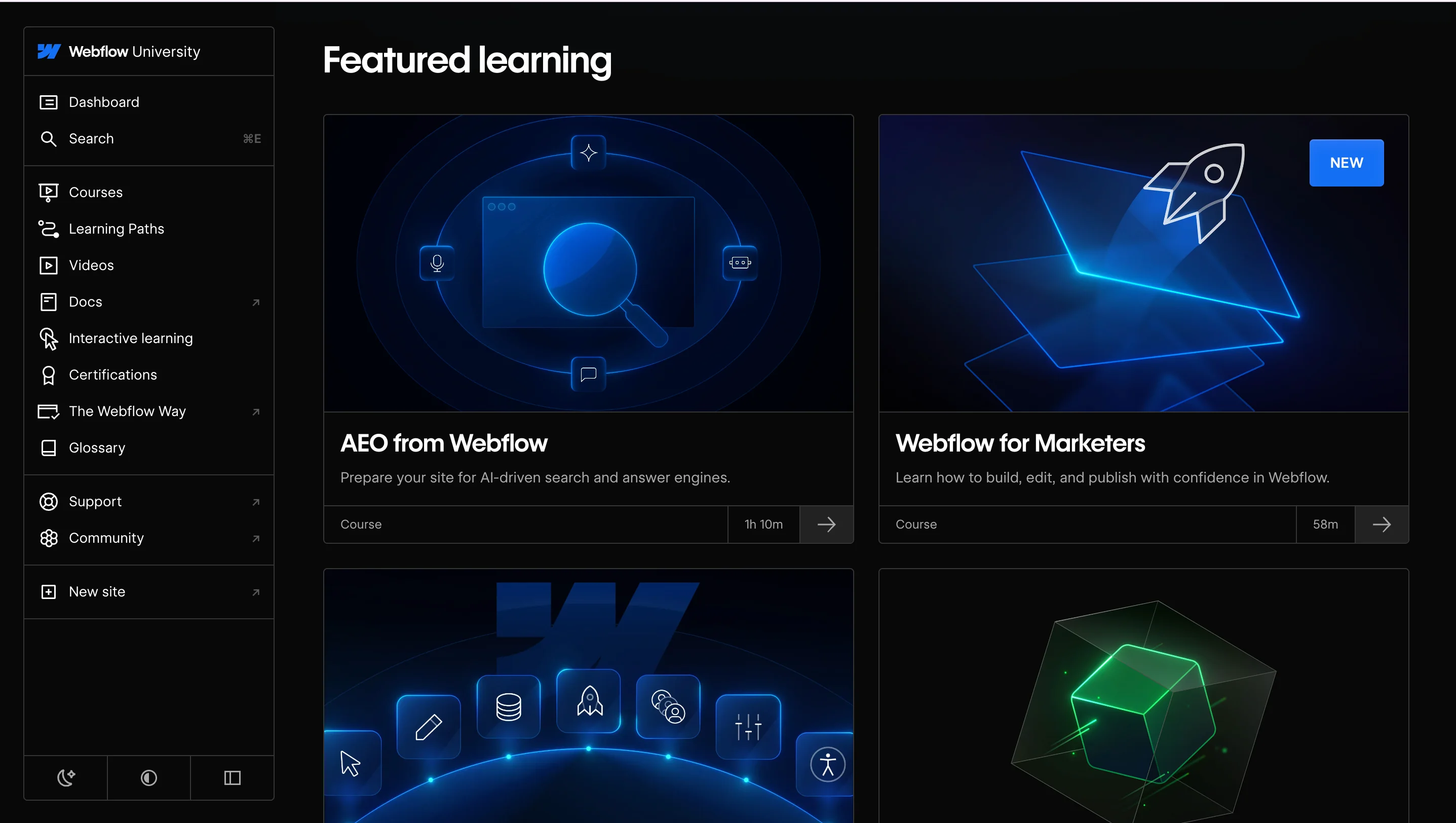 Webflow University homepage showing featured courses including AEO from Webflow and Webflow for Marketers