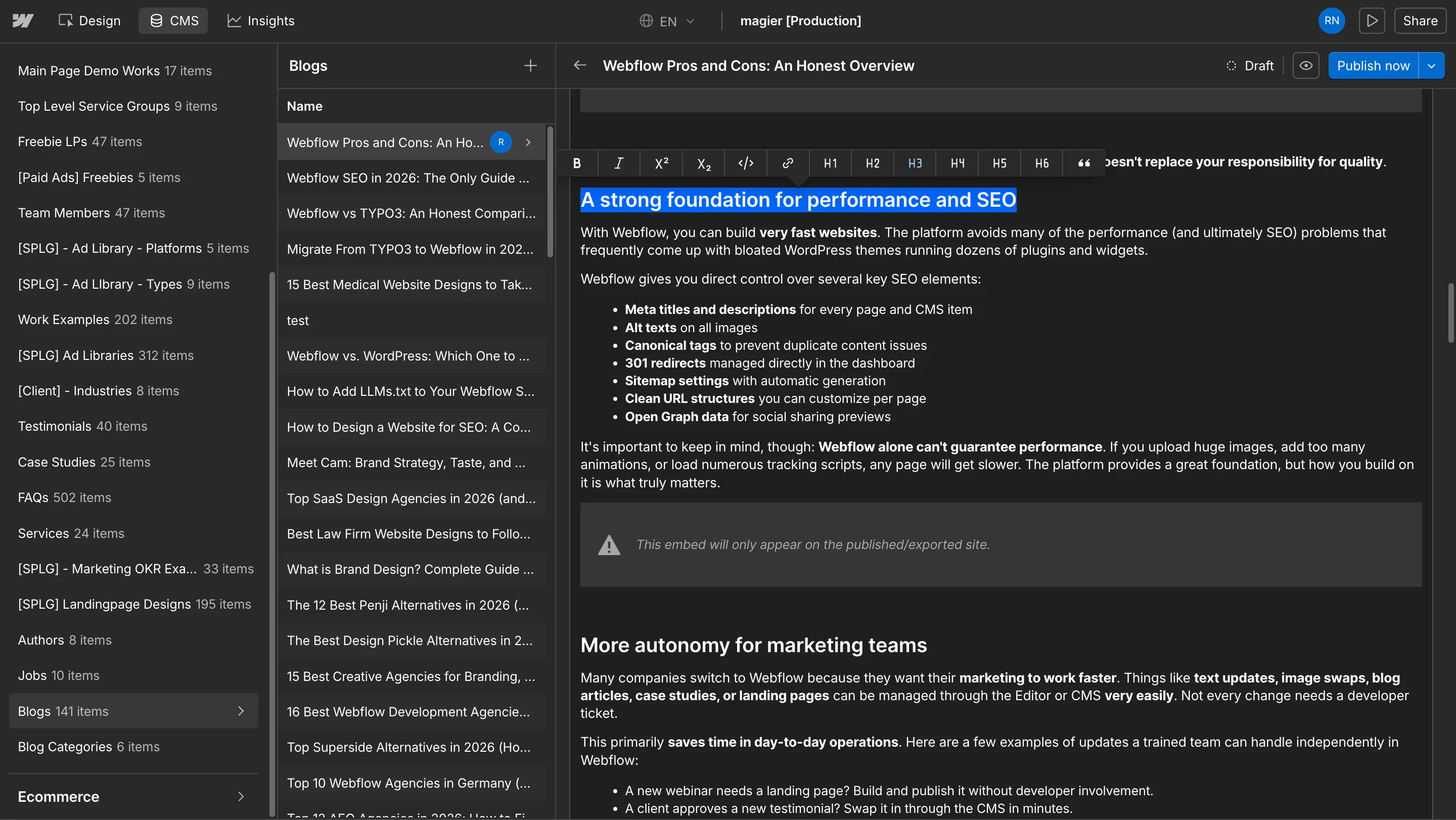 Webflow CMS editor showing blog post collections and a draft article titled Webflow Pros and Cons: An Honest Overview