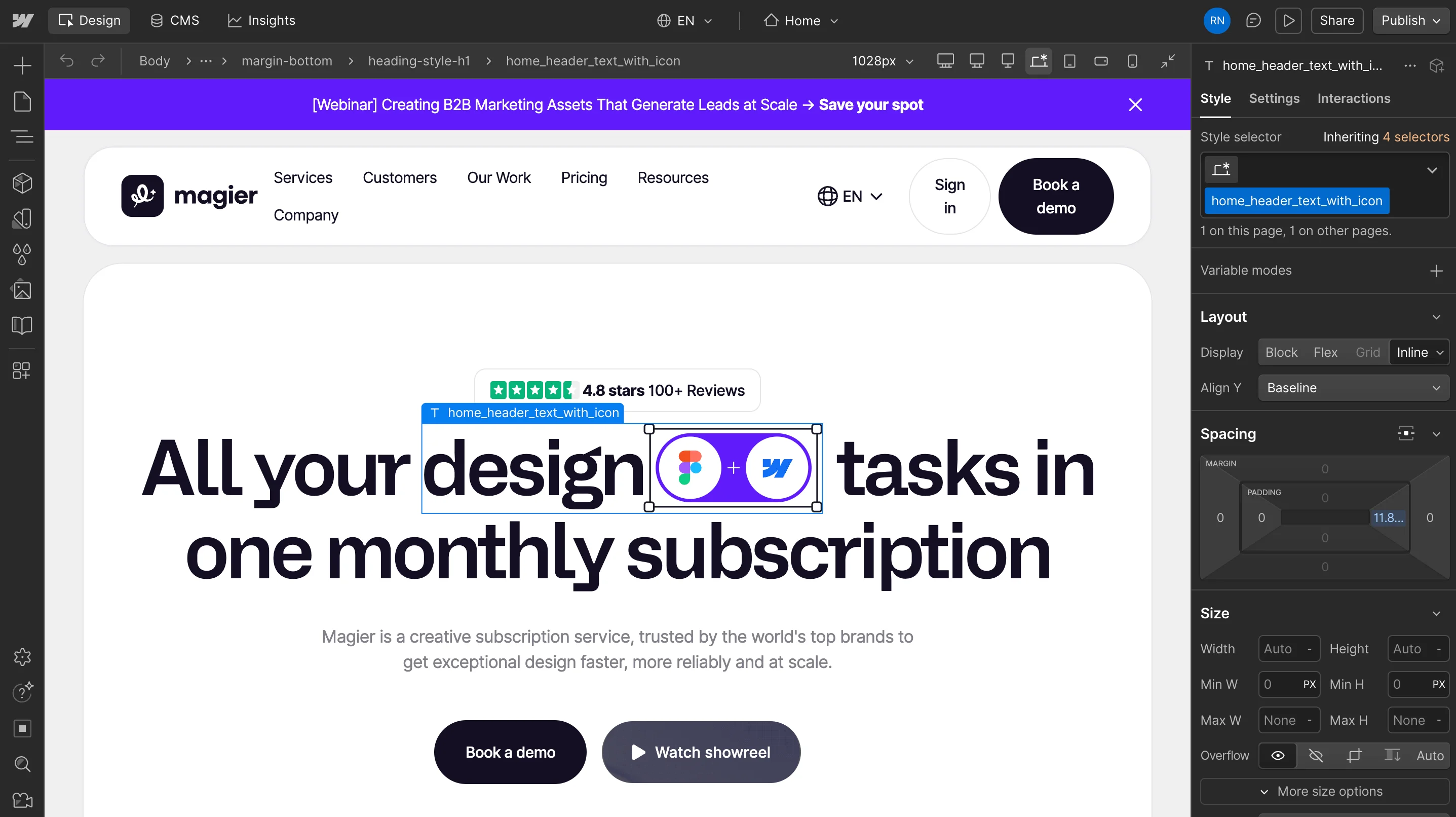 Webflow Designer interface with the magier homepage open, showing the style panel and class selector on the right side