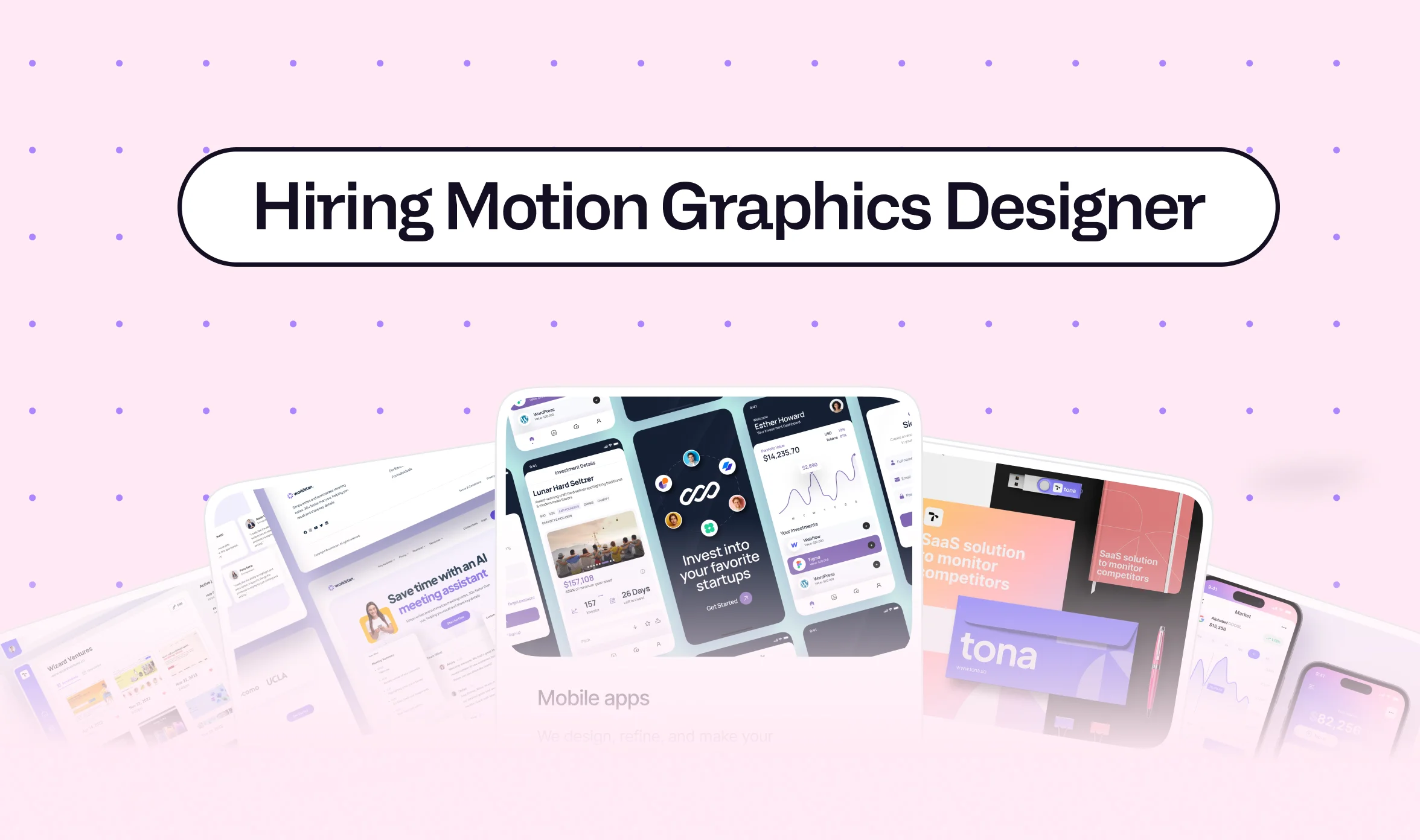 Hero graphic with the headline “Hiring Motion Graphics Designer” above floating UI and design mockups on a soft pink dotted background.