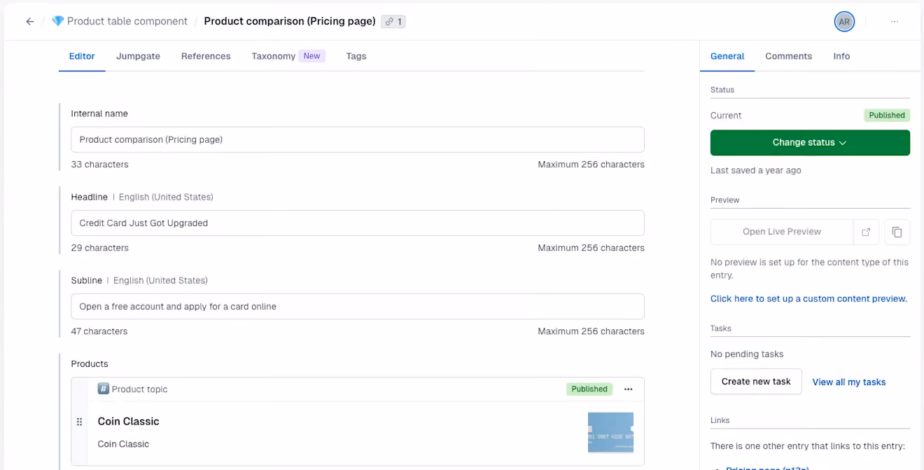 Contentful headless CMS interface showing structured content entries and editing fields