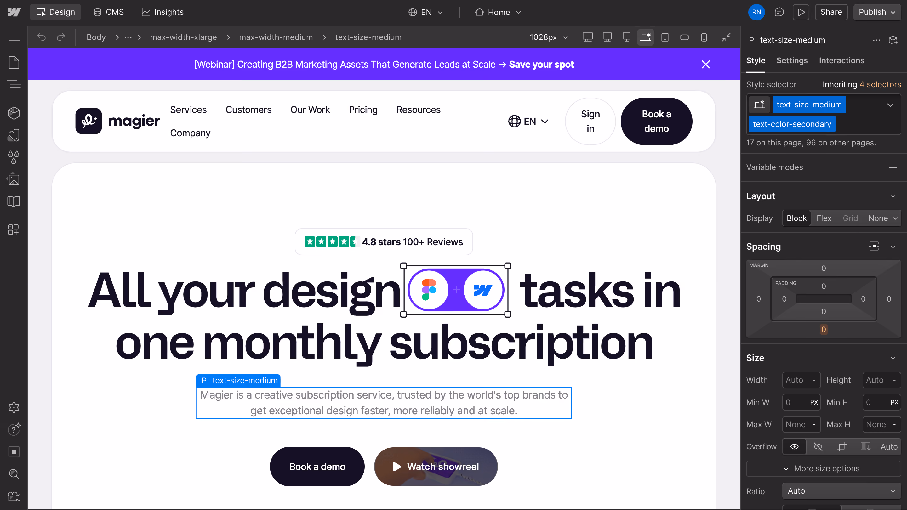 magier marketing website shown on a tablet, an example of a site built and hosted on Webflow