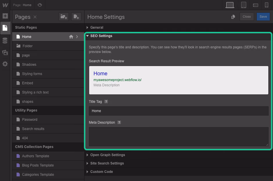 Webflow page settings panel showing built-in SEO controls like meta title and description