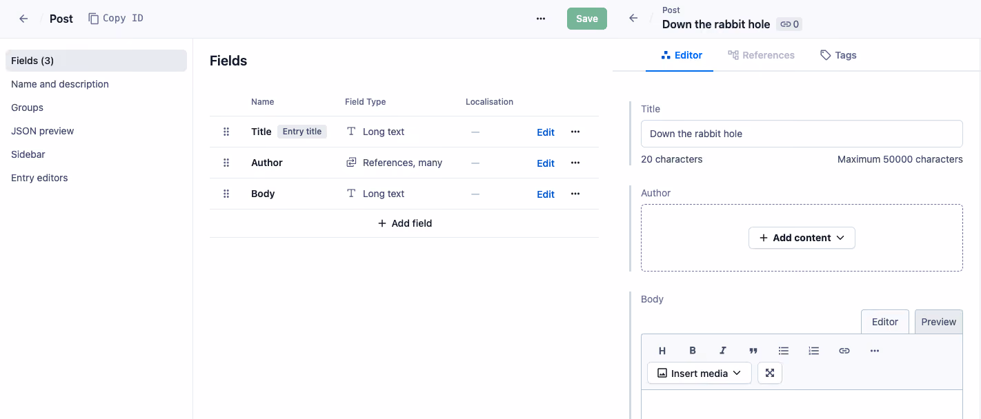 Content modeling in Contentful, defining reusable content types and fields for many channels