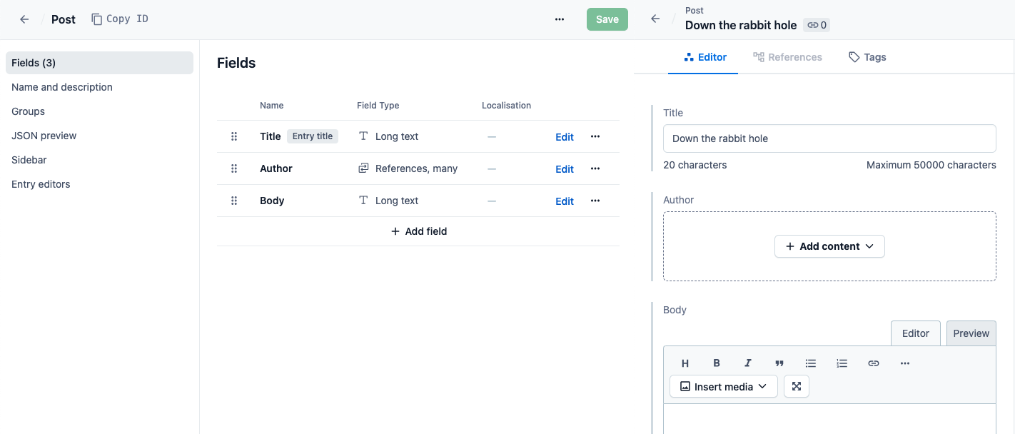 Content modeling in Contentful, defining reusable content types and fields for many channels