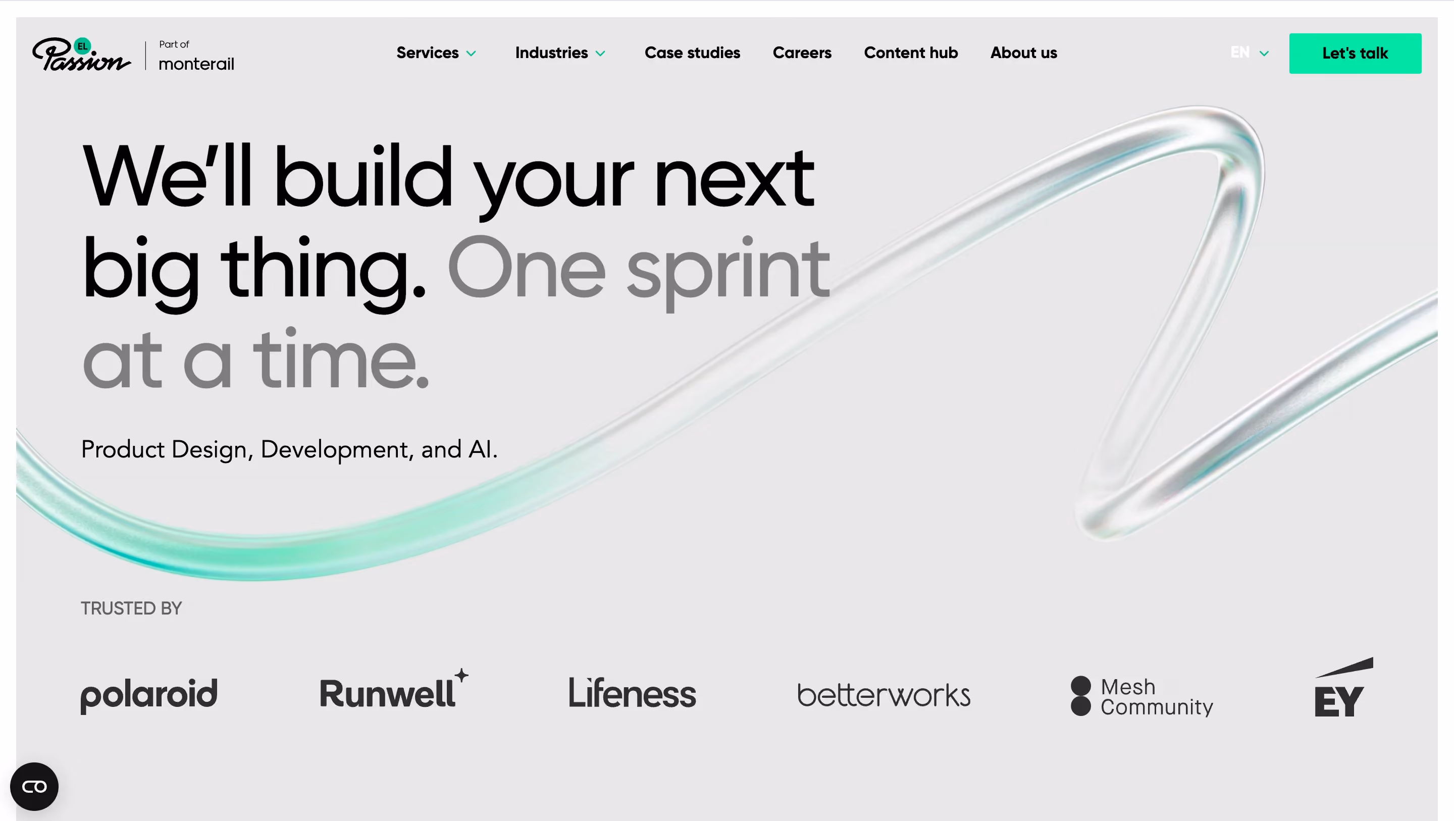 EL Passion homepage showing the headline "We'll build your next big thing. One sprint at a time." with client logos including Polaroid, EY, and Betterworks
