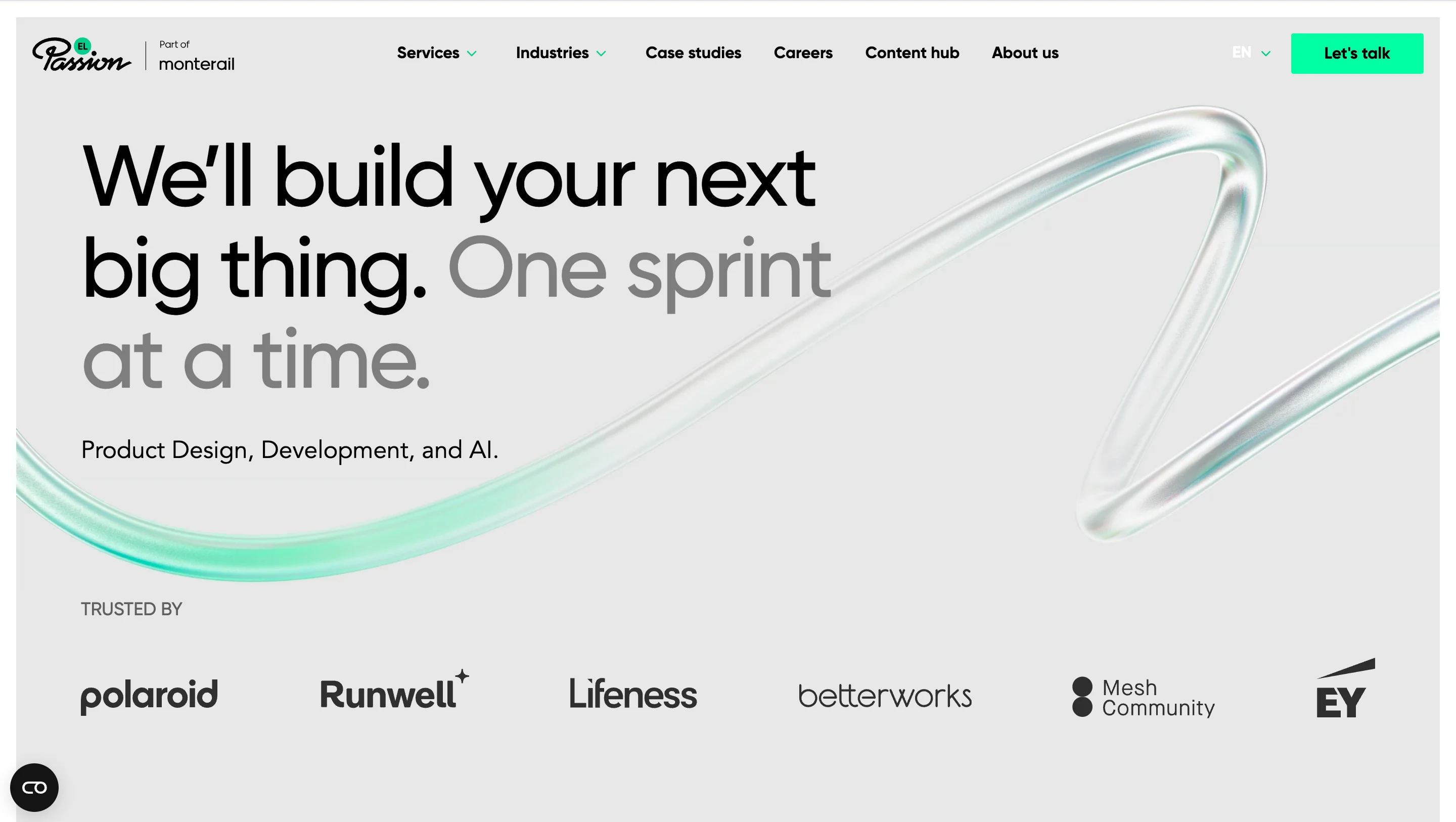 EL Passion homepage showing the headline "We'll build your next big thing. One sprint at a time." with client logos including Polaroid, EY, and Betterworks