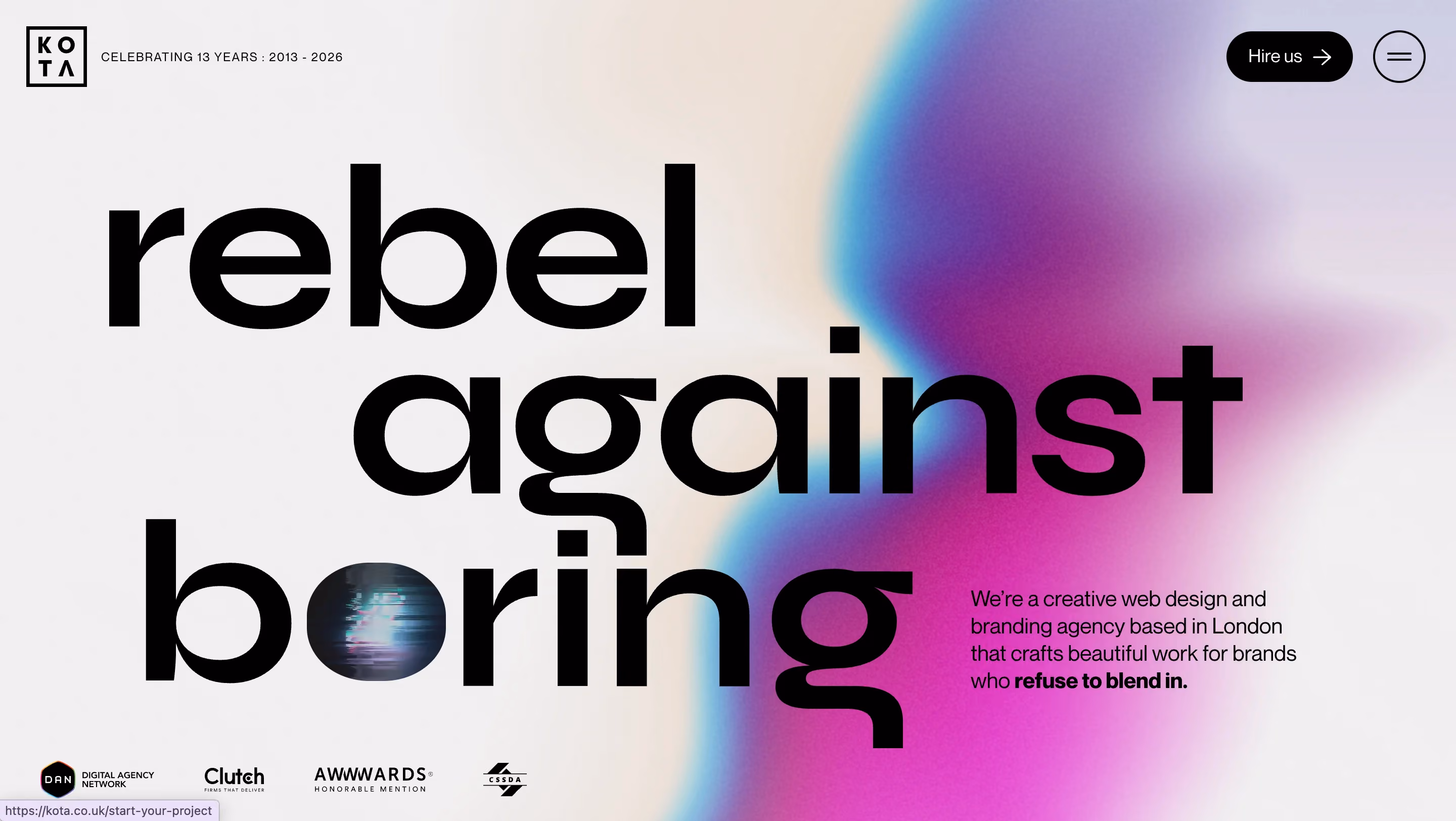 KOTA agency homepage with bold typography reading "rebel against boring" over a colorful gradient blob, with Clutch, Awwwards, and CSSDA badges