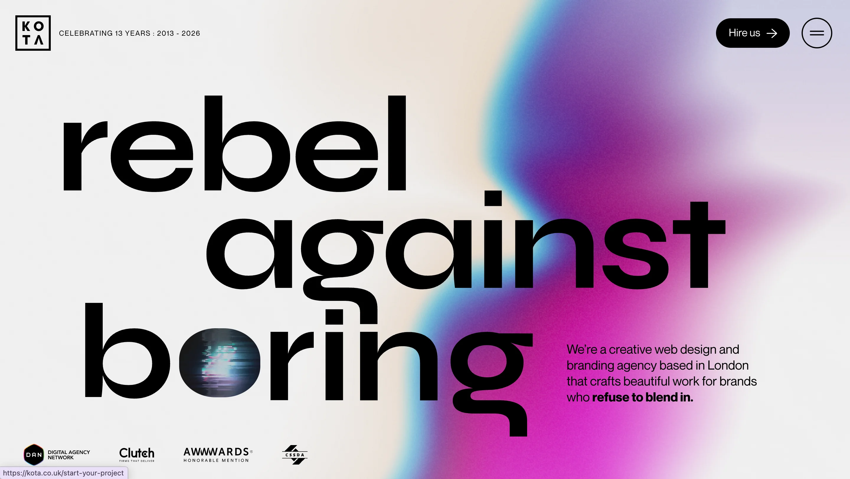 KOTA agency homepage with bold typography reading "rebel against boring" over a colorful gradient blob, with Clutch, Awwwards, and CSSDA badges