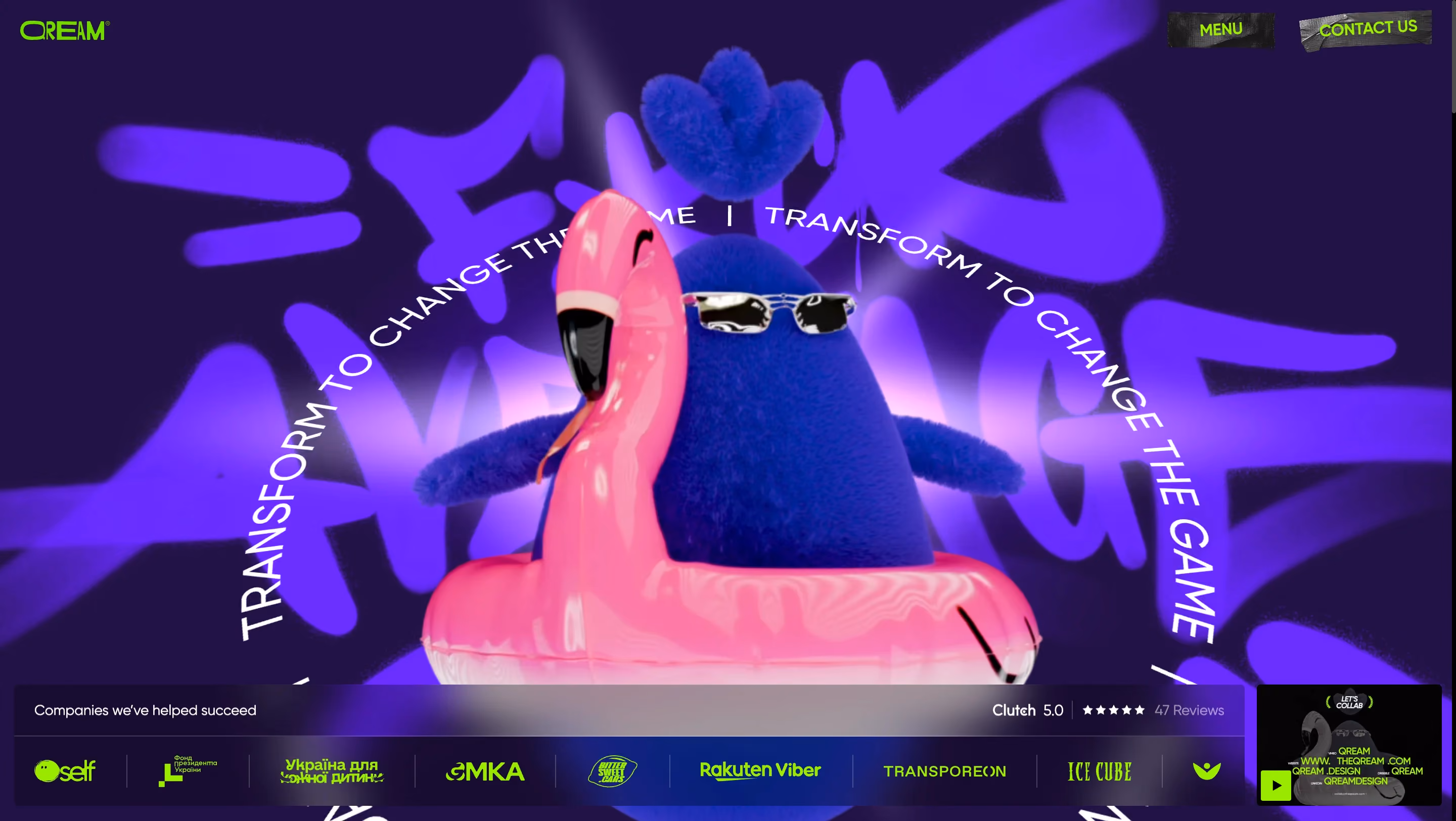 Qream agency homepage featuring a vibrant 3D flamingo mascot on a purple background with the tagline "Transform to Change the Game" and a Clutch 5.0 rating from 47 reviews