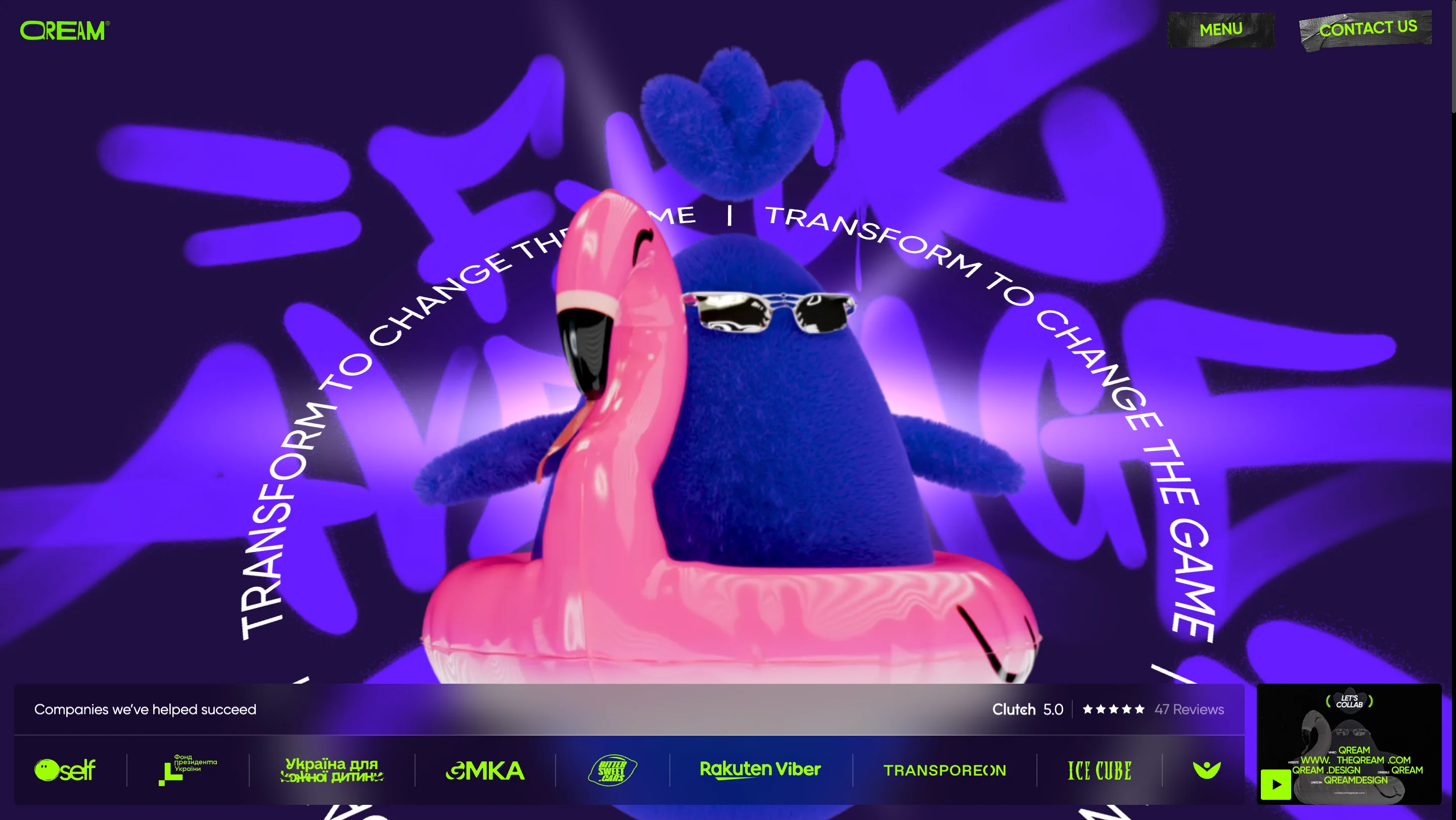 Qream agency homepage featuring a vibrant 3D flamingo mascot on a purple background with the tagline "Transform to Change the Game" and a Clutch 5.0 rating from 47 reviews