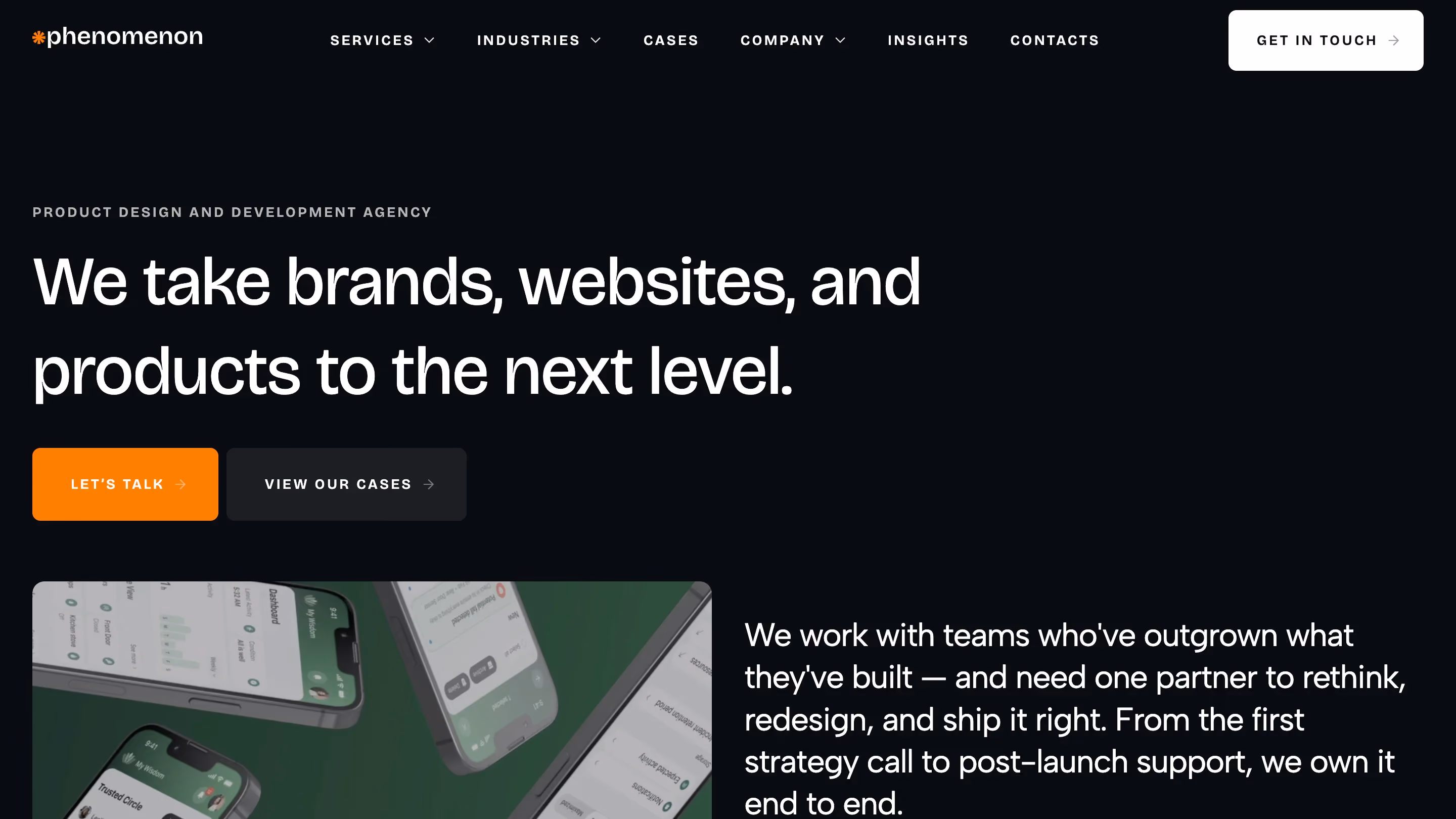 Phenomenon Studio homepage with a dark background and orange accents showing the headline "We take brands, websites, and products to the next level" with mobile app screenshots
