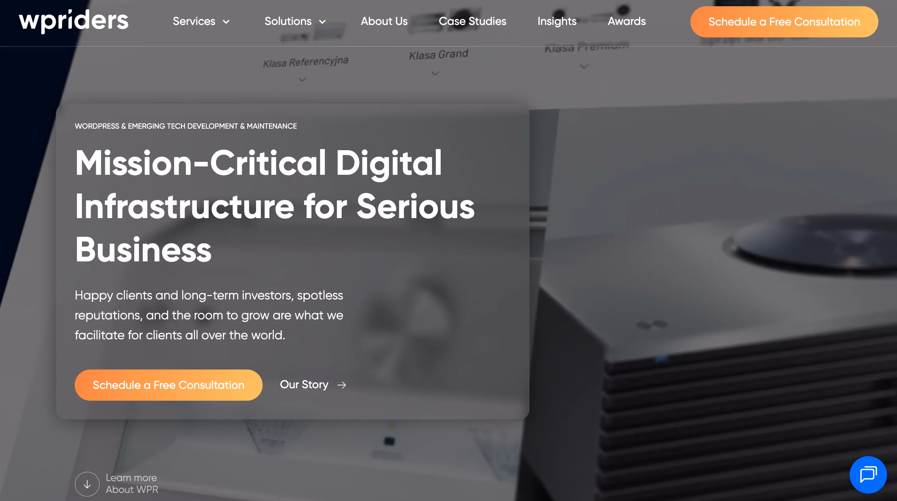 WPRiders homepage with a dark background and the headline "Mission-Critical Digital Infrastructure for Serious Business" alongside a free consultation button