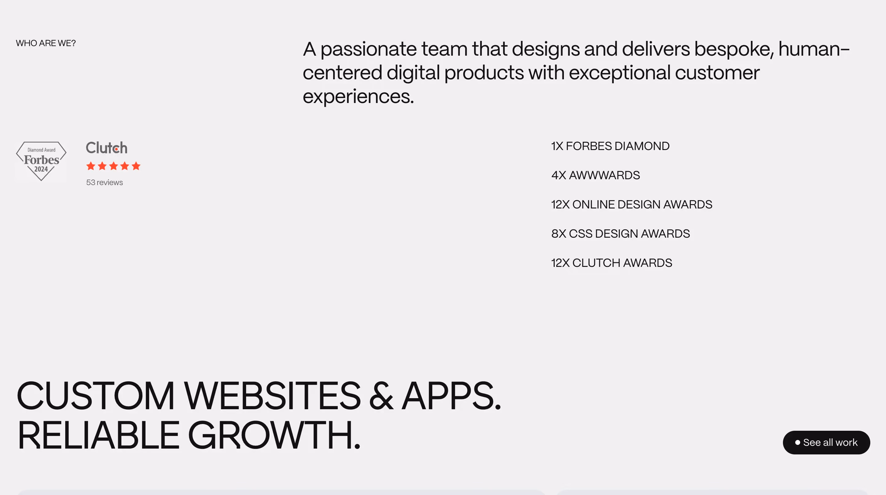 Adchitects agency page showing Forbes Diamond Award badge, 53 Clutch reviews with a 5-star rating, and the headline "Custom Websites and Apps. Reliable Growth."