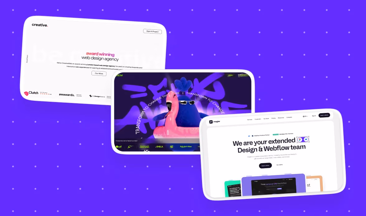 Three overlapping website screenshots on a purple dotted background, showing CreativeWeb, Qream, and magier homepages as examples of web design services for small business