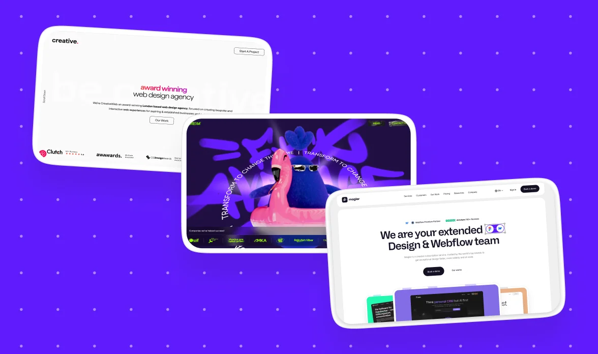 Three overlapping website screenshots on a purple dotted background, showing CreativeWeb, Qream, and magier homepages as examples of web design services for small business