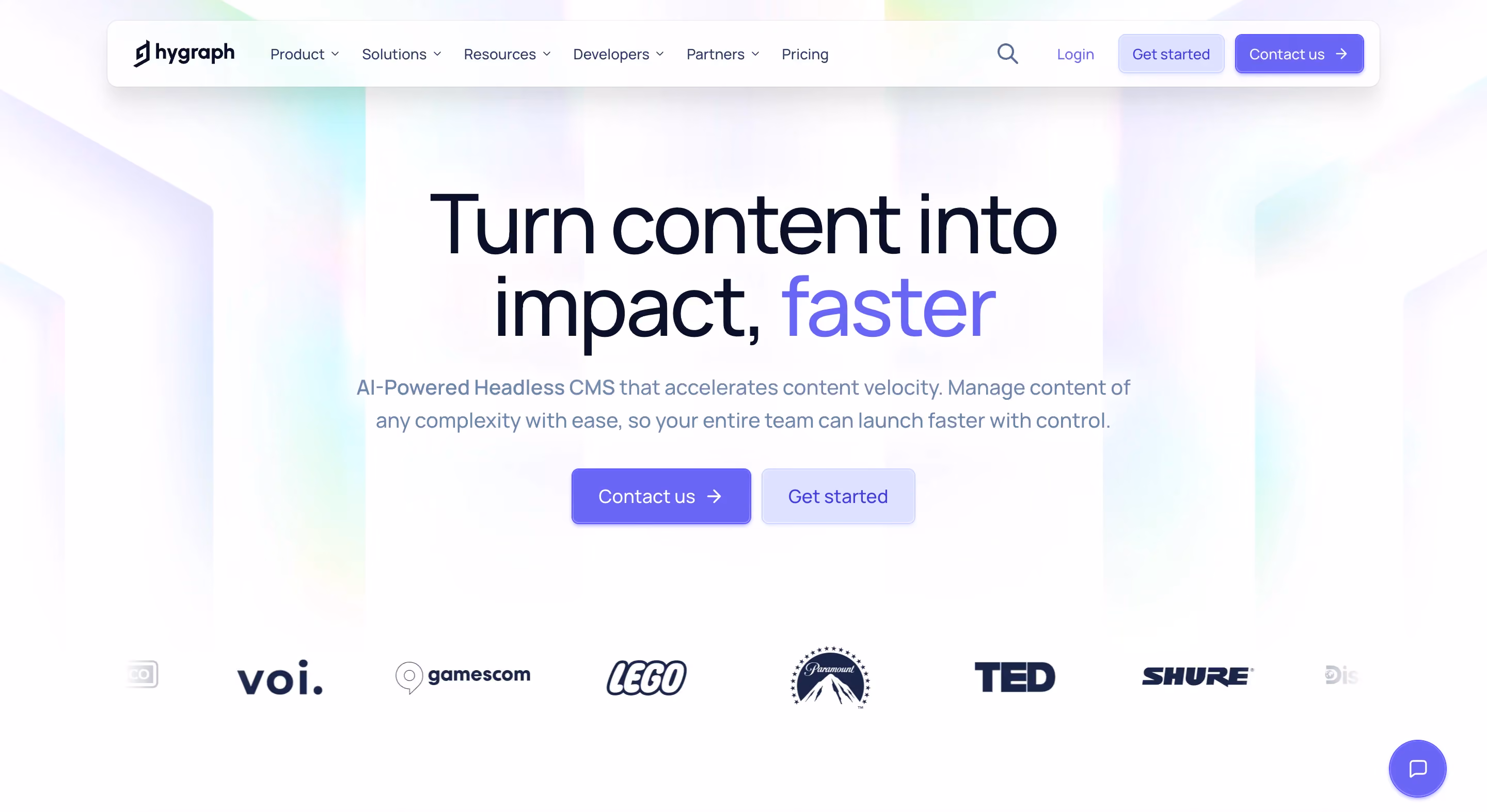 Homepage of Hygraph showing the headline "Turn content into impact, faster" with a subtitle describing it as an AI-powered headless CMS. The page includes "Contact us" and "Get started" buttons, along with a logo bar featuring brands like Voi, Gamescom, LEGO, Paramount, TED, and Shure.