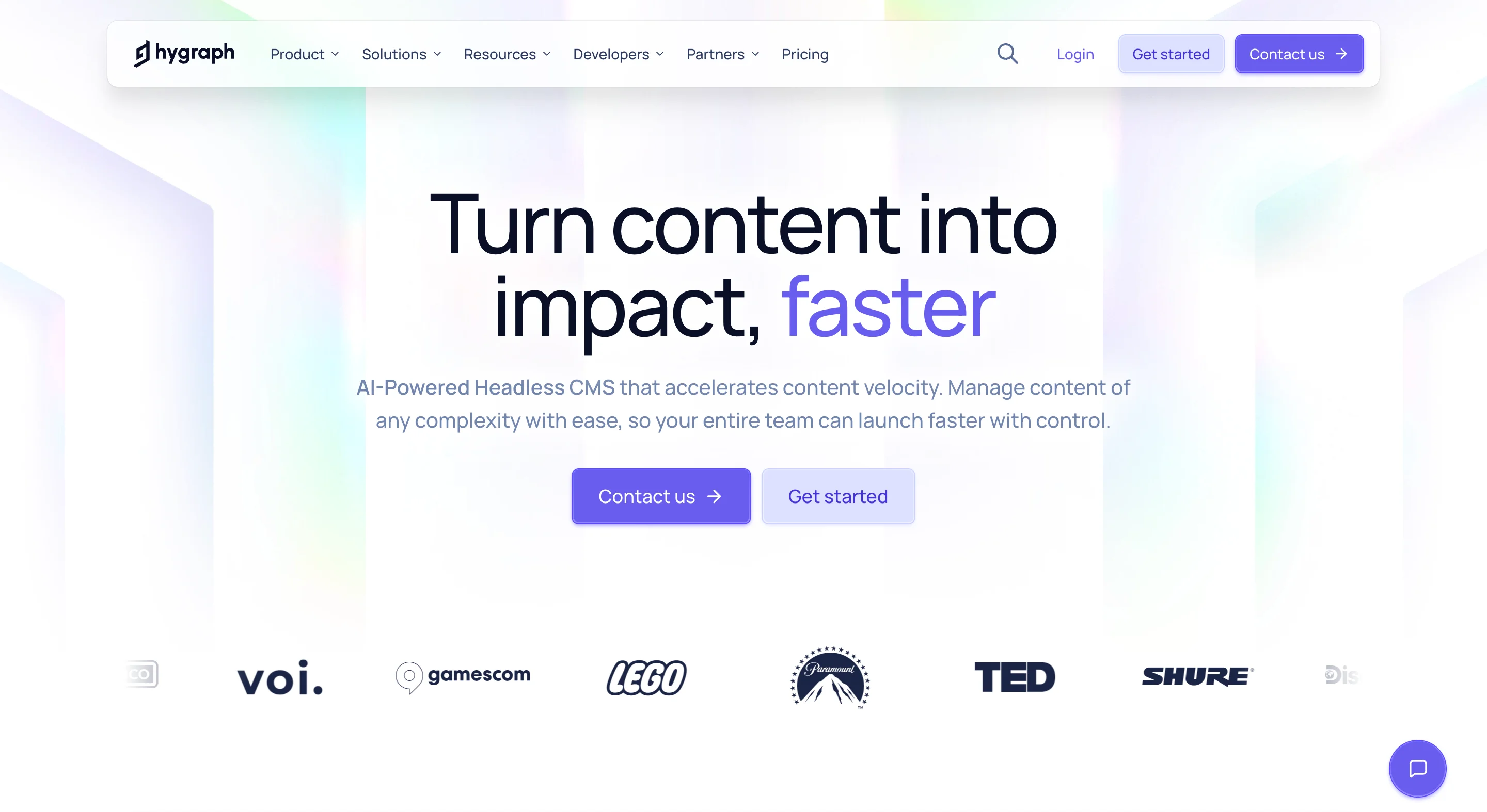 Homepage of Hygraph showing the headline "Turn content into impact, faster" with a subtitle describing it as an AI-powered headless CMS. The page includes "Contact us" and "Get started" buttons, along with a logo bar featuring brands like Voi, Gamescom, LEGO, Paramount, TED, and Shure.