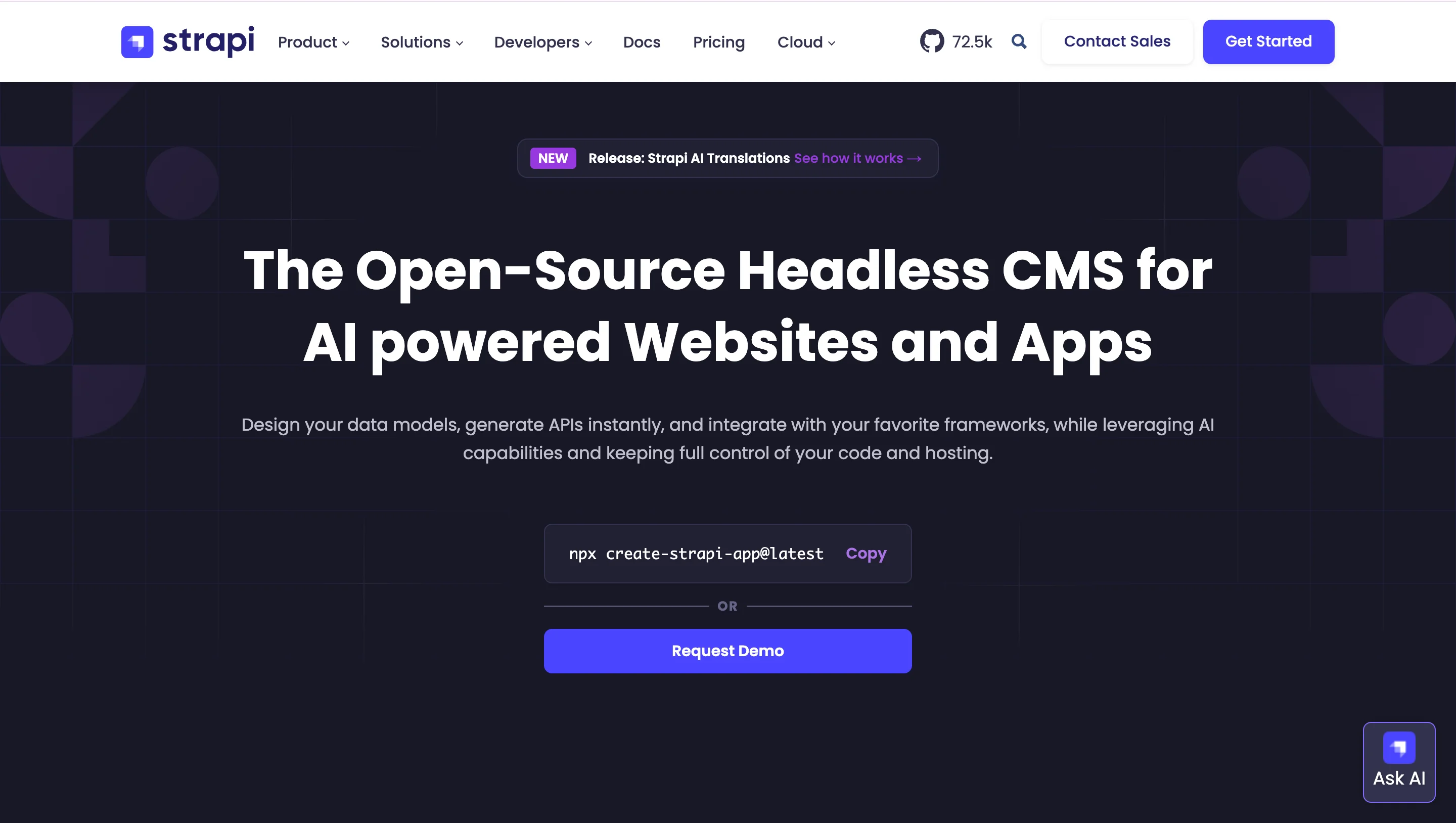 Strapi's homepage with a dark background and the headline "The Open-Source Headless CMS for AI powered Websites and Apps." The page includes an npx install command, a "Request Demo" button, and a GitHub star count of 72.5k.