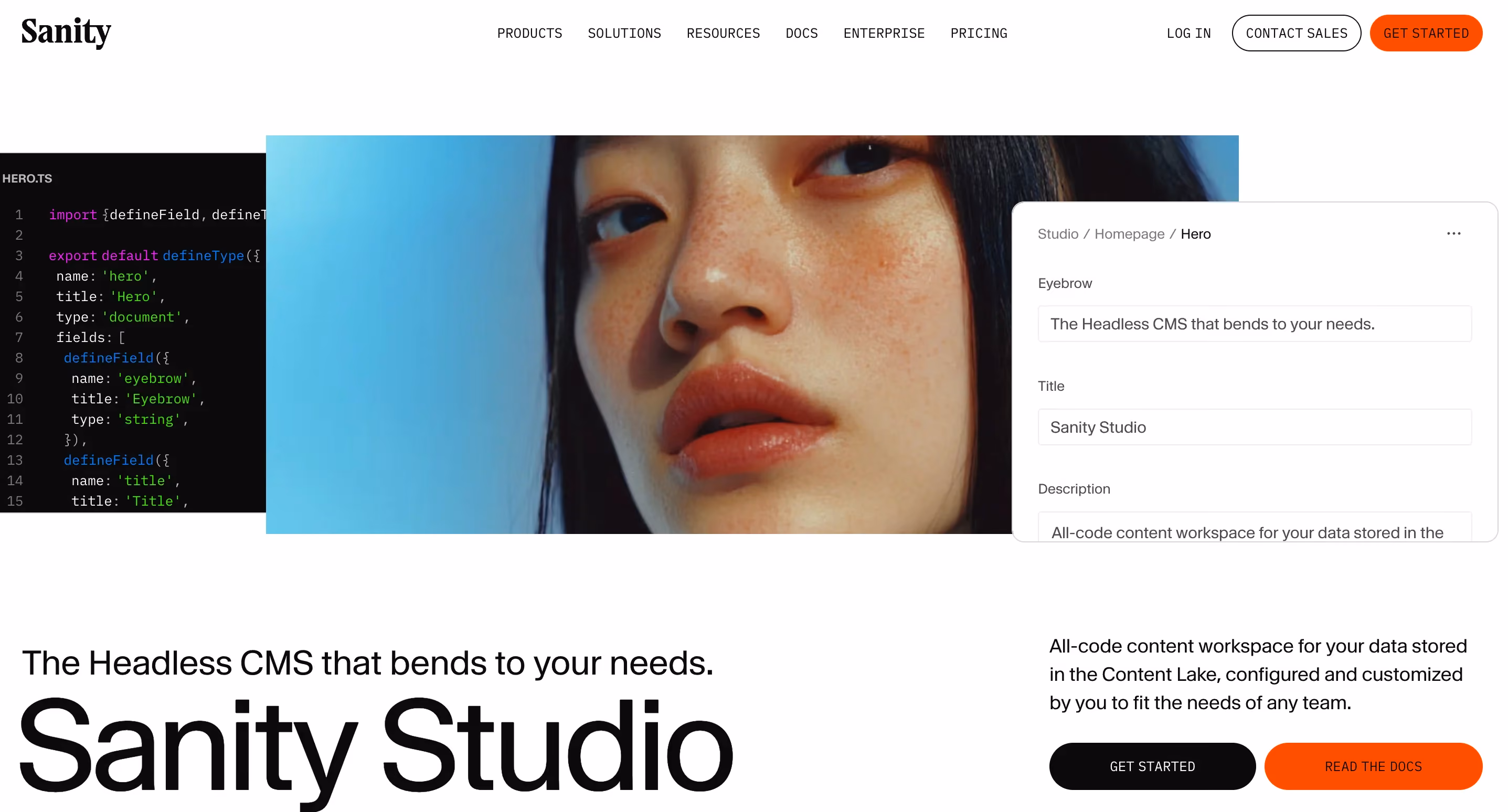Sanity's homepage showing a split-screen layout with code on the left (a hero.ts schema file) and Sanity Studio's editing interface on the right. Below, the headline reads "The Headless CMS that bends to your needs" alongside a description of Sanity Studio as an all-code content workspace, with "Get started" and "Read the docs" buttons.
