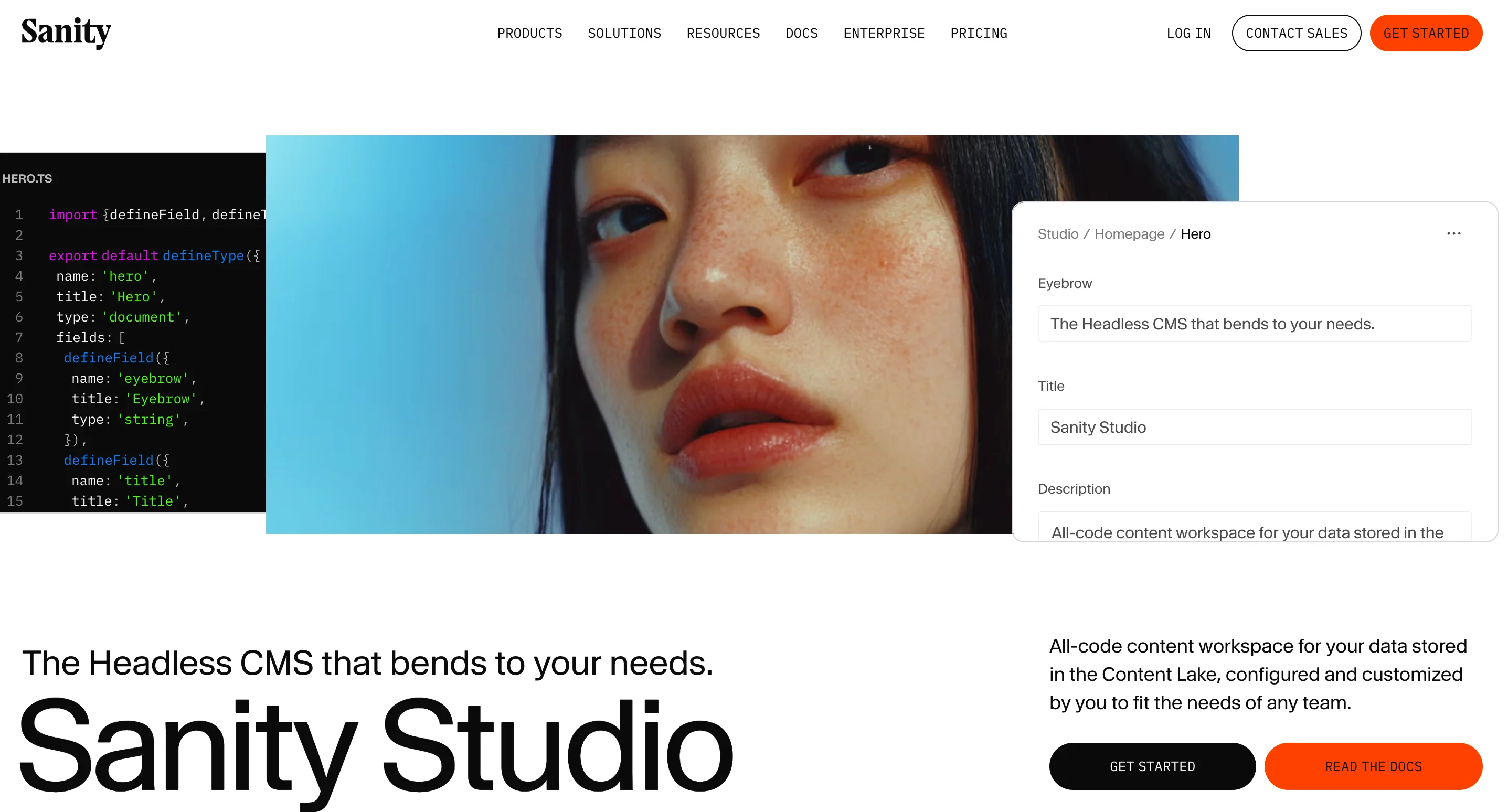 Sanity's homepage showing a split-screen layout with code on the left (a hero.ts schema file) and Sanity Studio's editing interface on the right. Below, the headline reads "The Headless CMS that bends to your needs" alongside a description of Sanity Studio as an all-code content workspace, with "Get started" and "Read the docs" buttons.