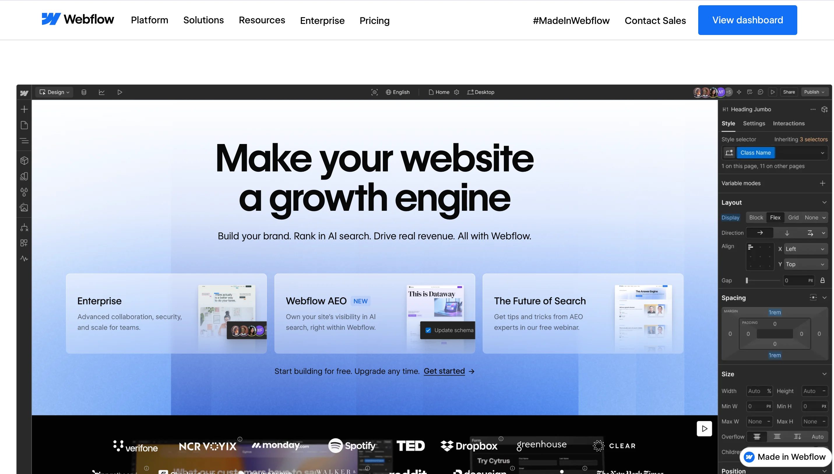 Webflow's homepage displayed within the Webflow Designer interface, showing the headline "Make your website a growth engine." The page highlights features like Enterprise, Webflow AEO, and "The Future of Search," with a logo bar including Verifone, NCR Voyix, Monday.com, Spotify, TED, and Dropbox.