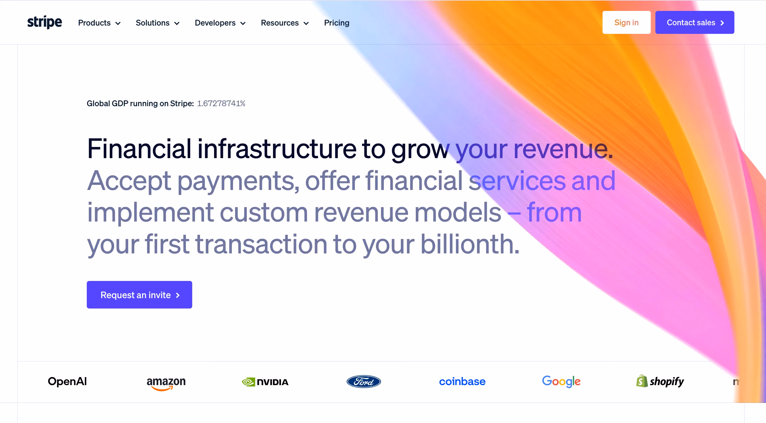 Stripe homepage hero on a white background with a colorful diagonal gradient graphic, a "Global GDP running on Stripe" live counter, headline "Financial infrastructure to grow your revenue," a Request an invite button, and a customer logo row including OpenAI, Amazon, Nvidia, Ford, Coinbase, Google, and Shopify.