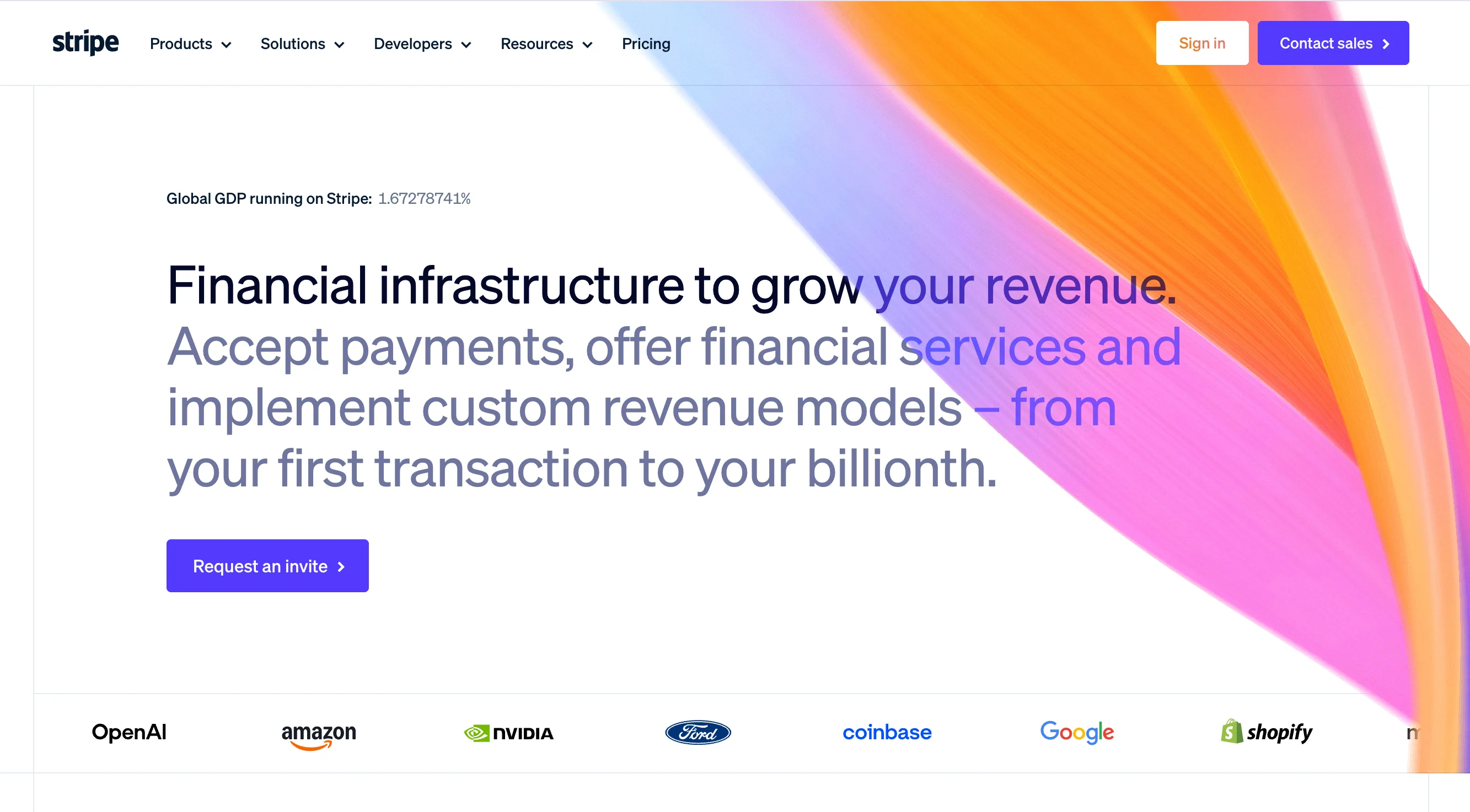 Stripe homepage hero on a white background with a colorful diagonal gradient graphic, a "Global GDP running on Stripe" live counter, headline "Financial infrastructure to grow your revenue," a Request an invite button, and a customer logo row including OpenAI, Amazon, Nvidia, Ford, Coinbase, Google, and Shopify.
