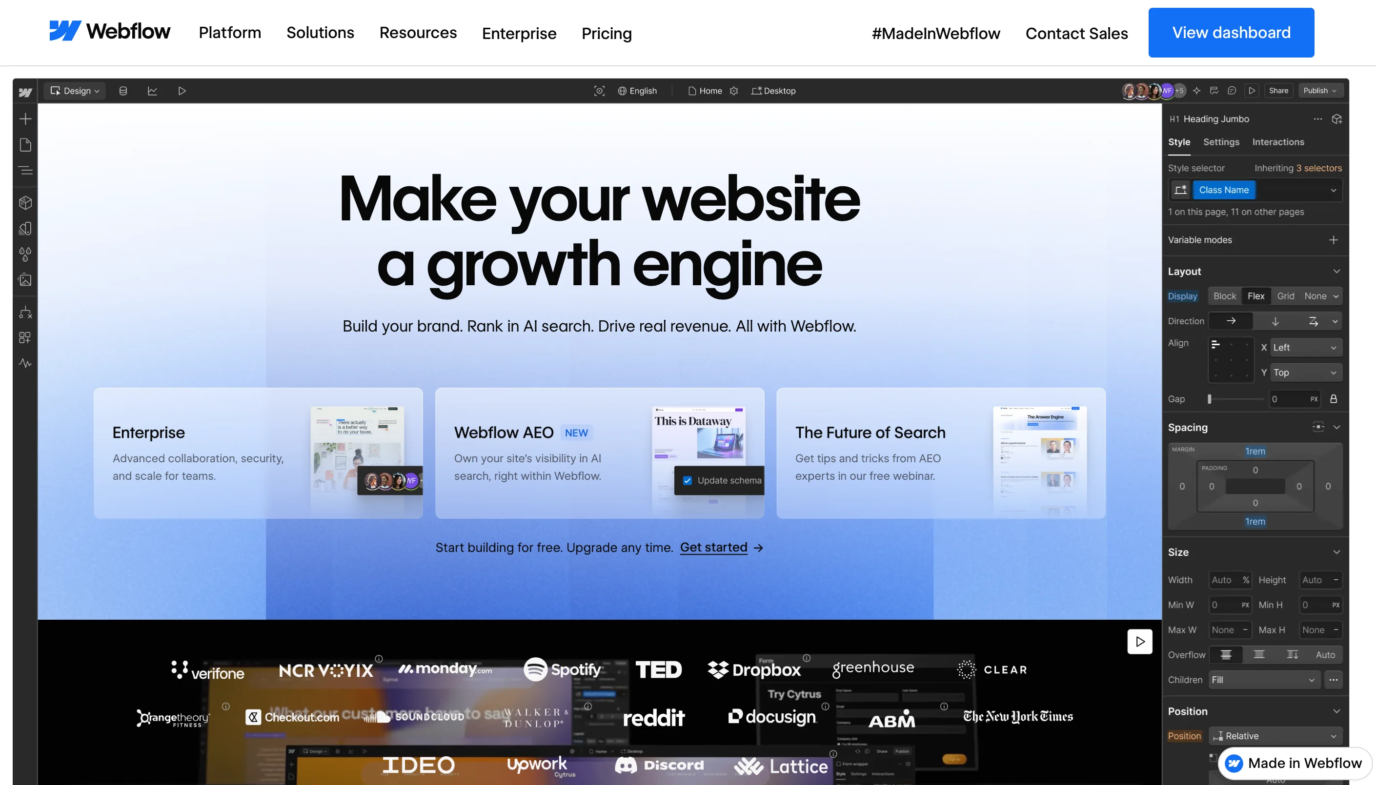 Screenshot of the Webflow website builder interface showing the design canvas with a hero section reading "Make your website a growth engine," alongside the right-side style panel and customer logo bar including Spotify, Dropbox, and Reddit.