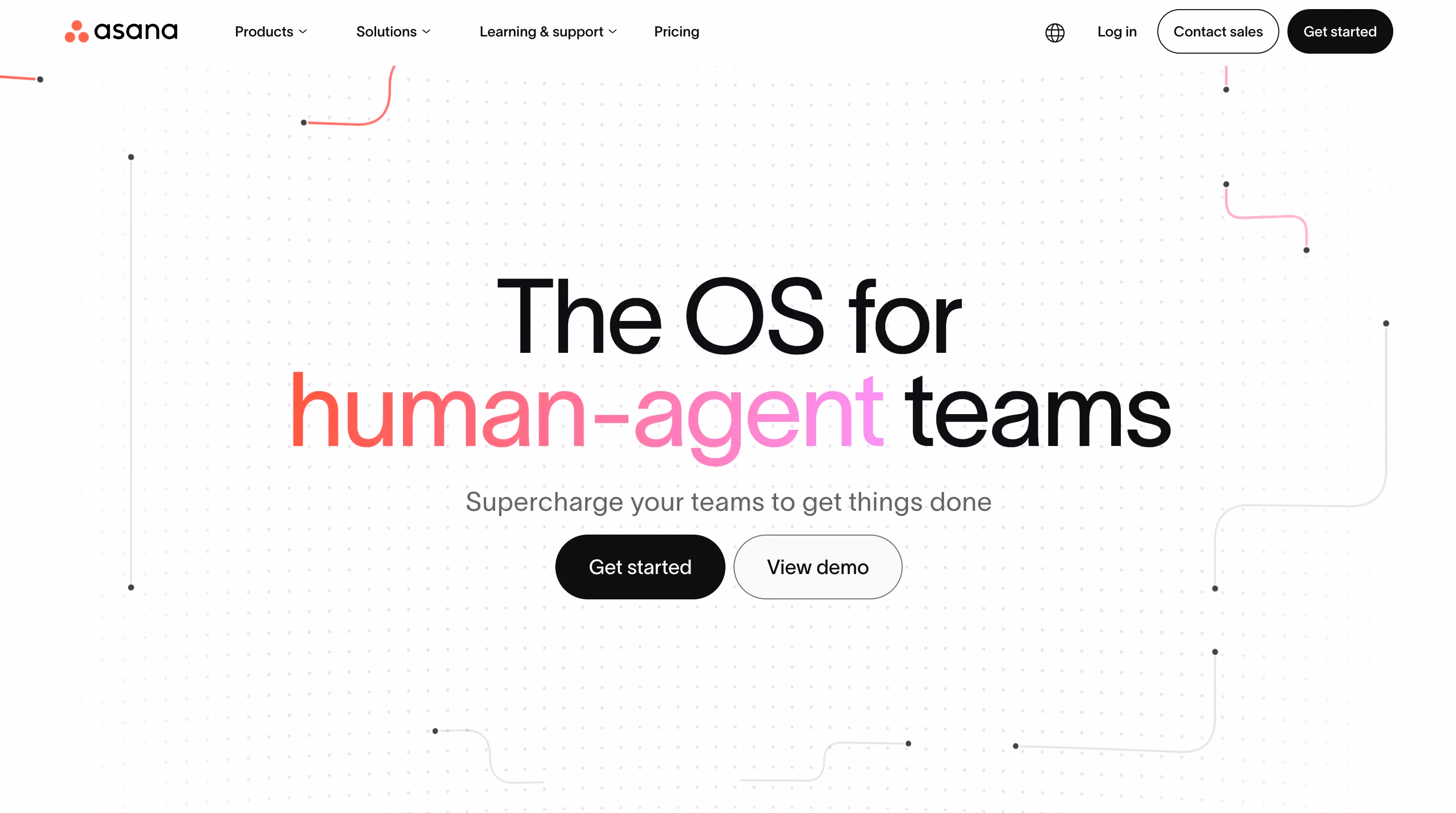 Asana homepage hero section on a white background with dotted line graphics, displaying the headline "The OS for human-agent teams" in black and pink text, with "Get started" and "View demo" buttons below.