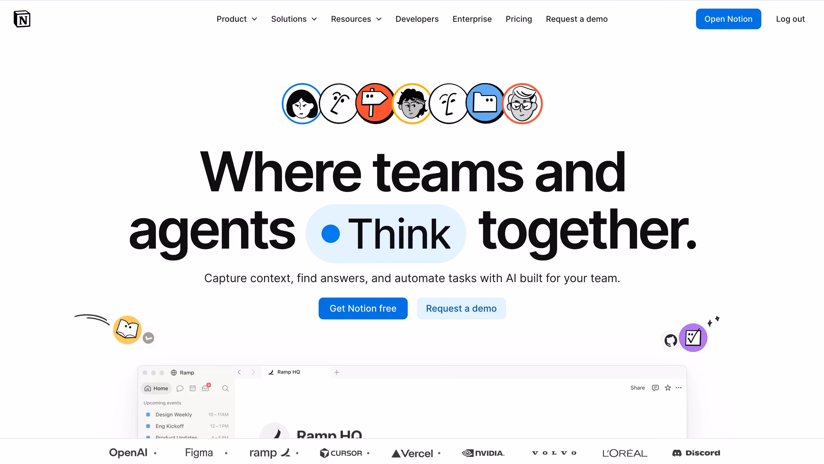Notion homepage hero section featuring a row of seven illustrated character icons above the headline "Where teams and agents Think together," with "Get Notion free" and "Request a demo" buttons, and a customer logo bar including OpenAI, Figma, and Vercel.