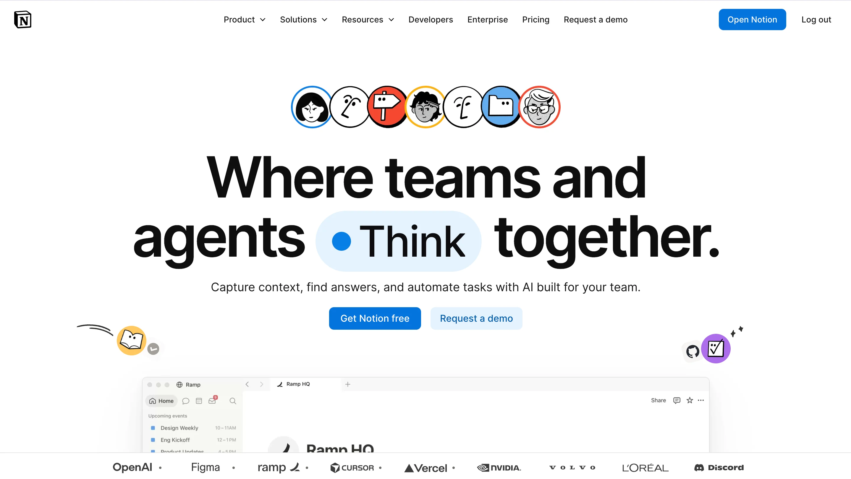 Notion homepage hero section featuring a row of seven illustrated character icons above the headline "Where teams and agents Think together," with "Get Notion free" and "Request a demo" buttons, and a customer logo bar including OpenAI, Figma, and Vercel.