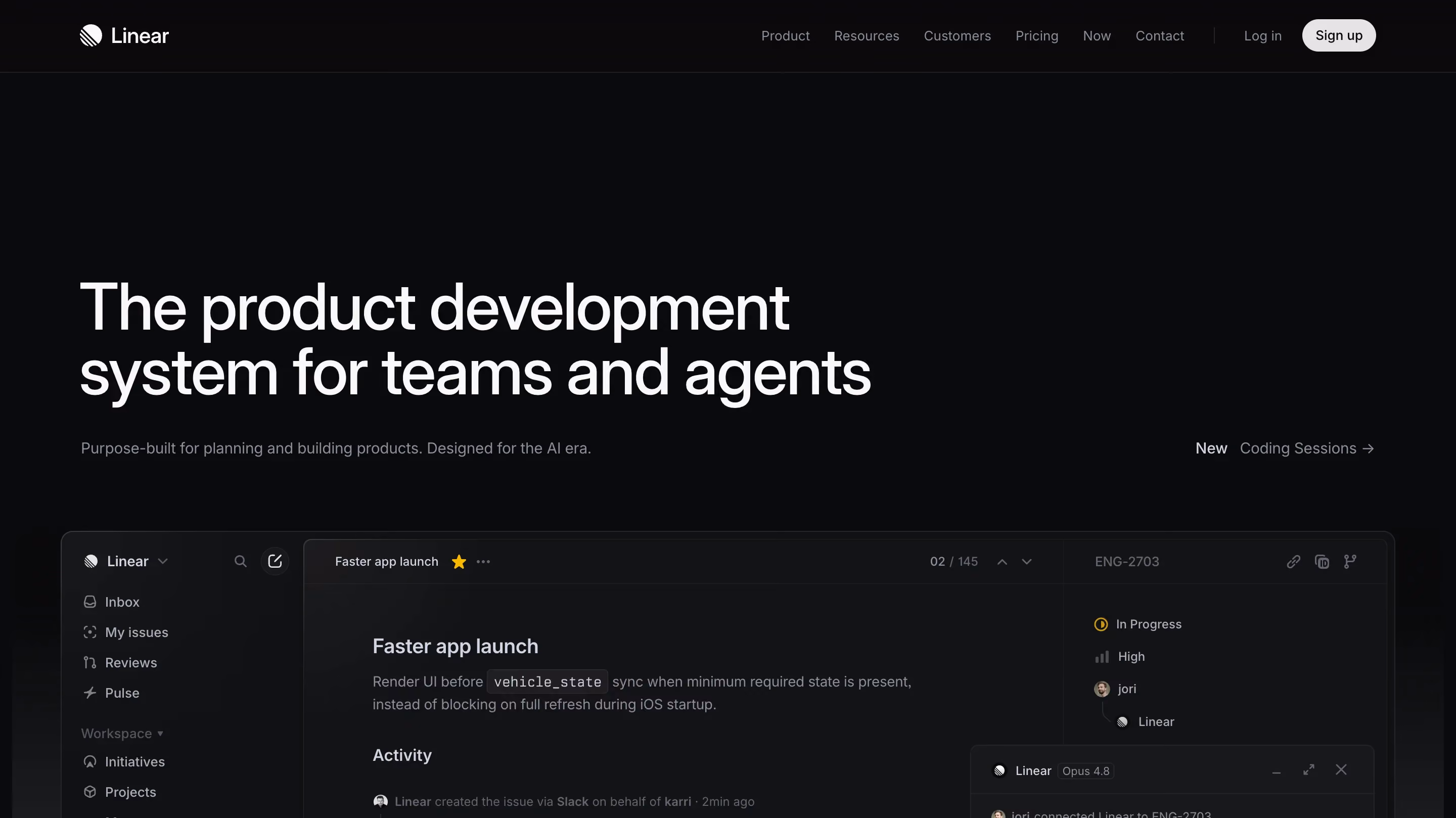Linear homepage on a black background with the headline "The product development system for teams and agents," and a preview of the Linear app interface showing an issue titled "Faster app launch" with status, priority, and activity details.