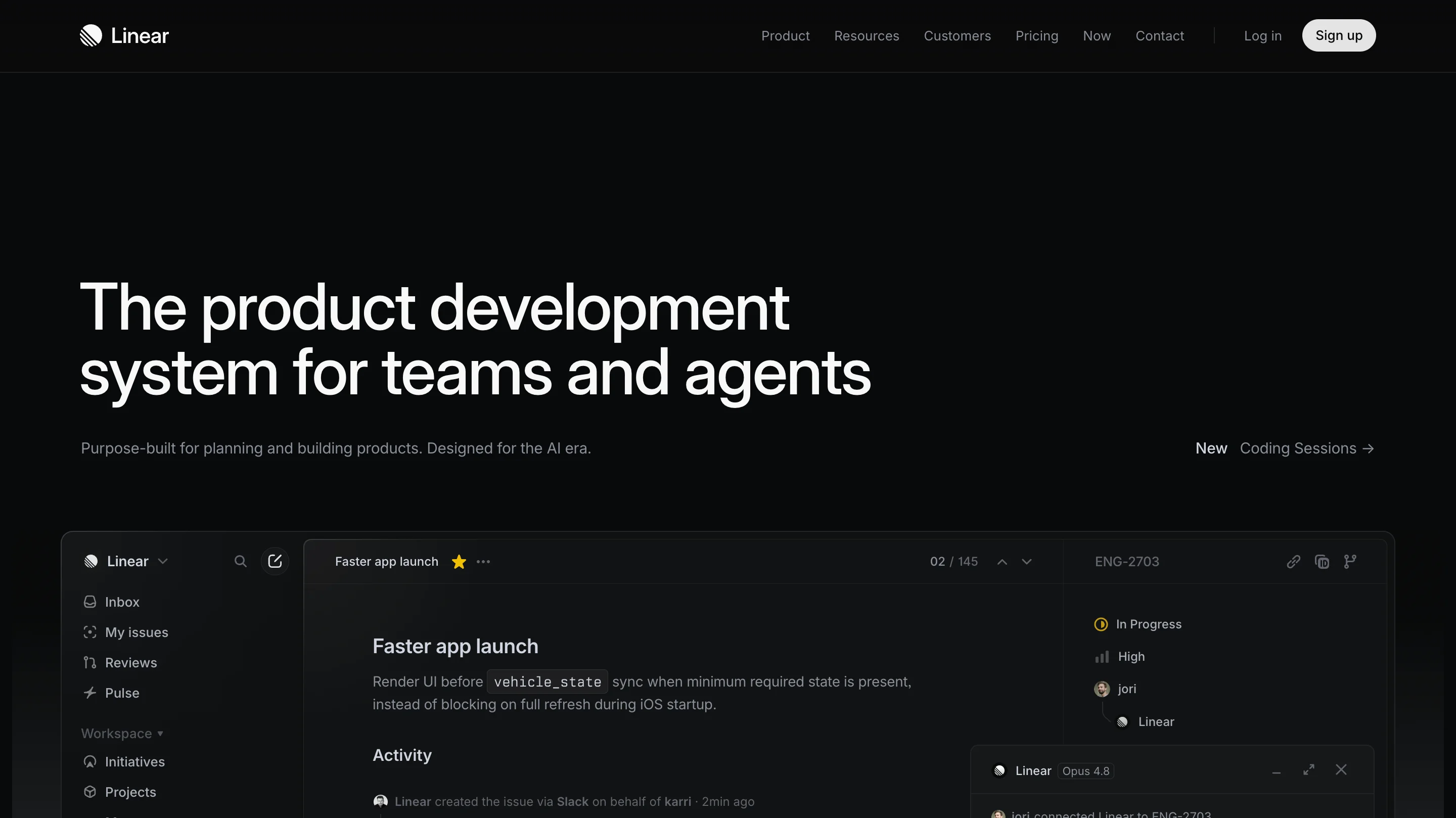 Linear homepage on a black background with the headline "The product development system for teams and agents," and a preview of the Linear app interface showing an issue titled "Faster app launch" with status, priority, and activity details.