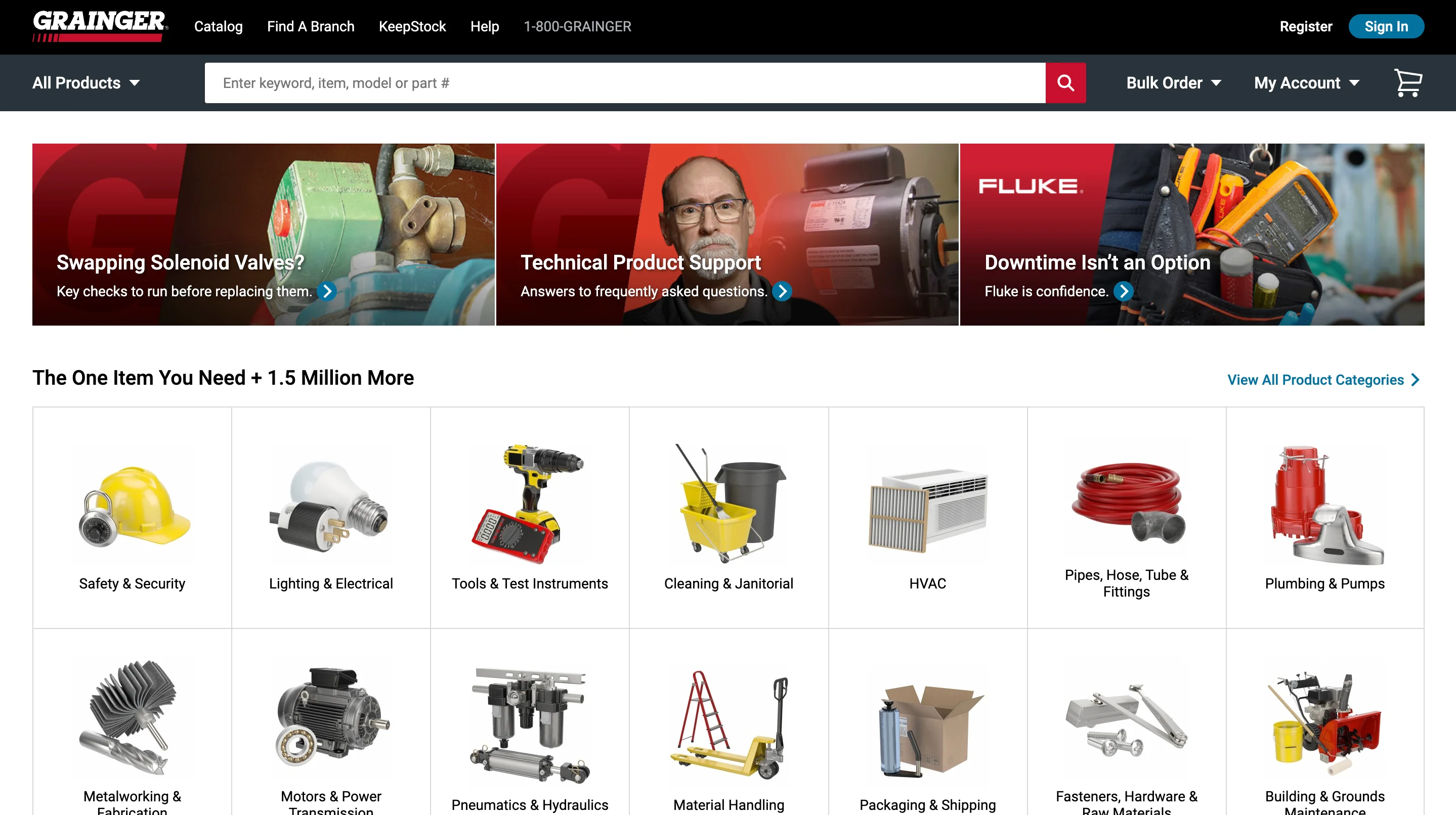 Grainger homepage with a black navigation bar, three promotional banner tiles for solenoid valves, technical support, and Fluke products, followed by a grid of product category icons such as Safety & Security, HVAC, and Plumbing & Pumps.