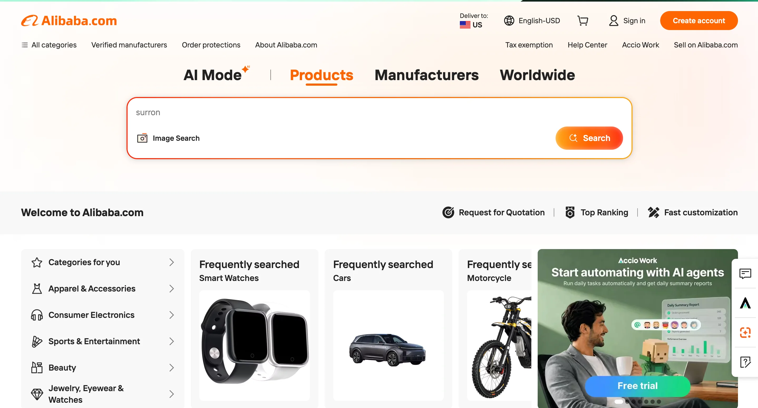 Alibaba.com homepage search interface with tabs for AI Mode, Products, Manufacturers, and Worldwide, a search bar showing the query "surron," and category cards for frequently searched smart watches, cars, and motorcycles.