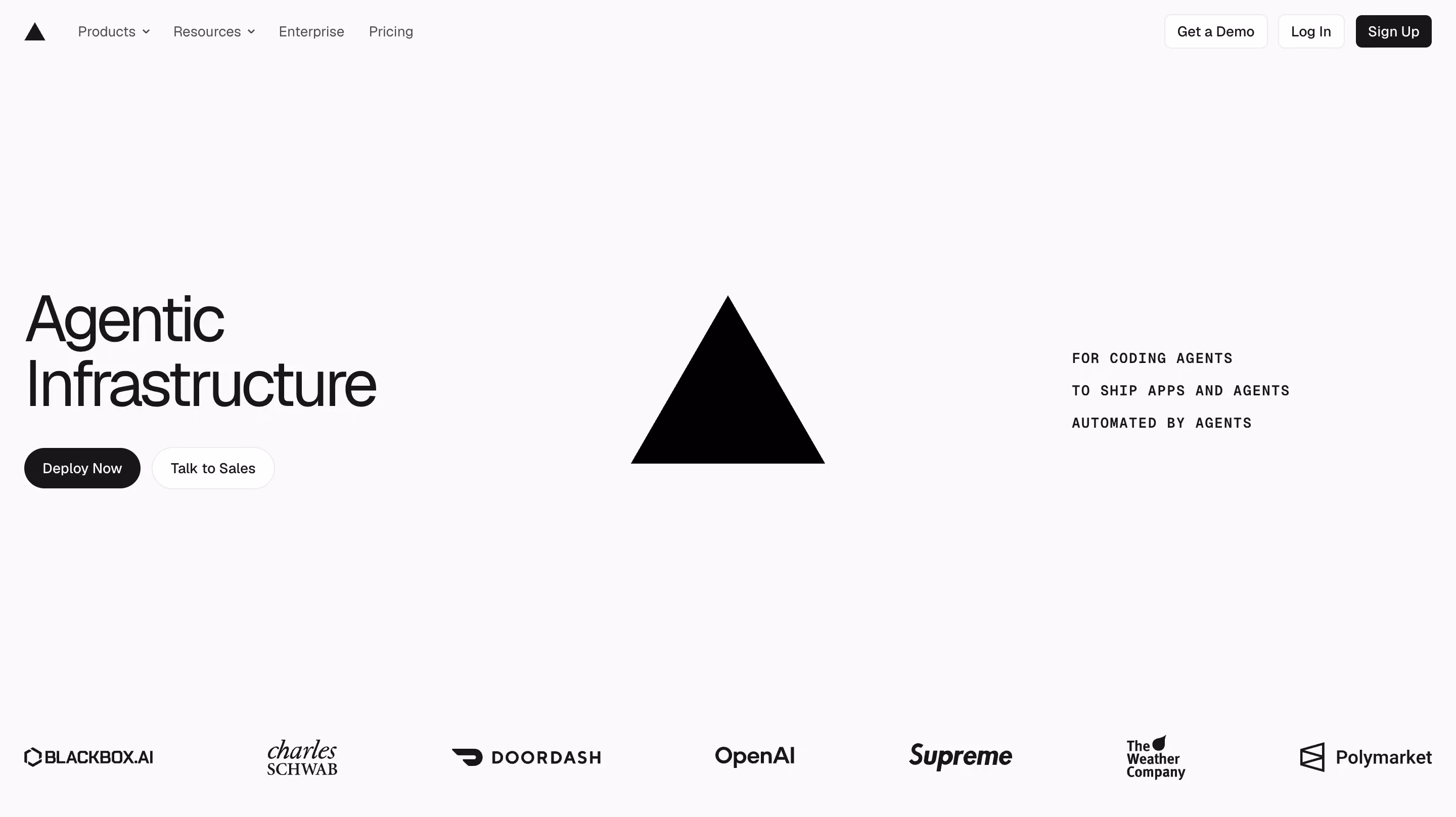 Vercel homepage on a light gray background with a minimalist black triangle logo, the headline "Agentic Infrastructure," "Deploy Now" and "Talk to Sales" buttons, and a customer logo row including DoorDash, OpenAI, and Charles Schwab.