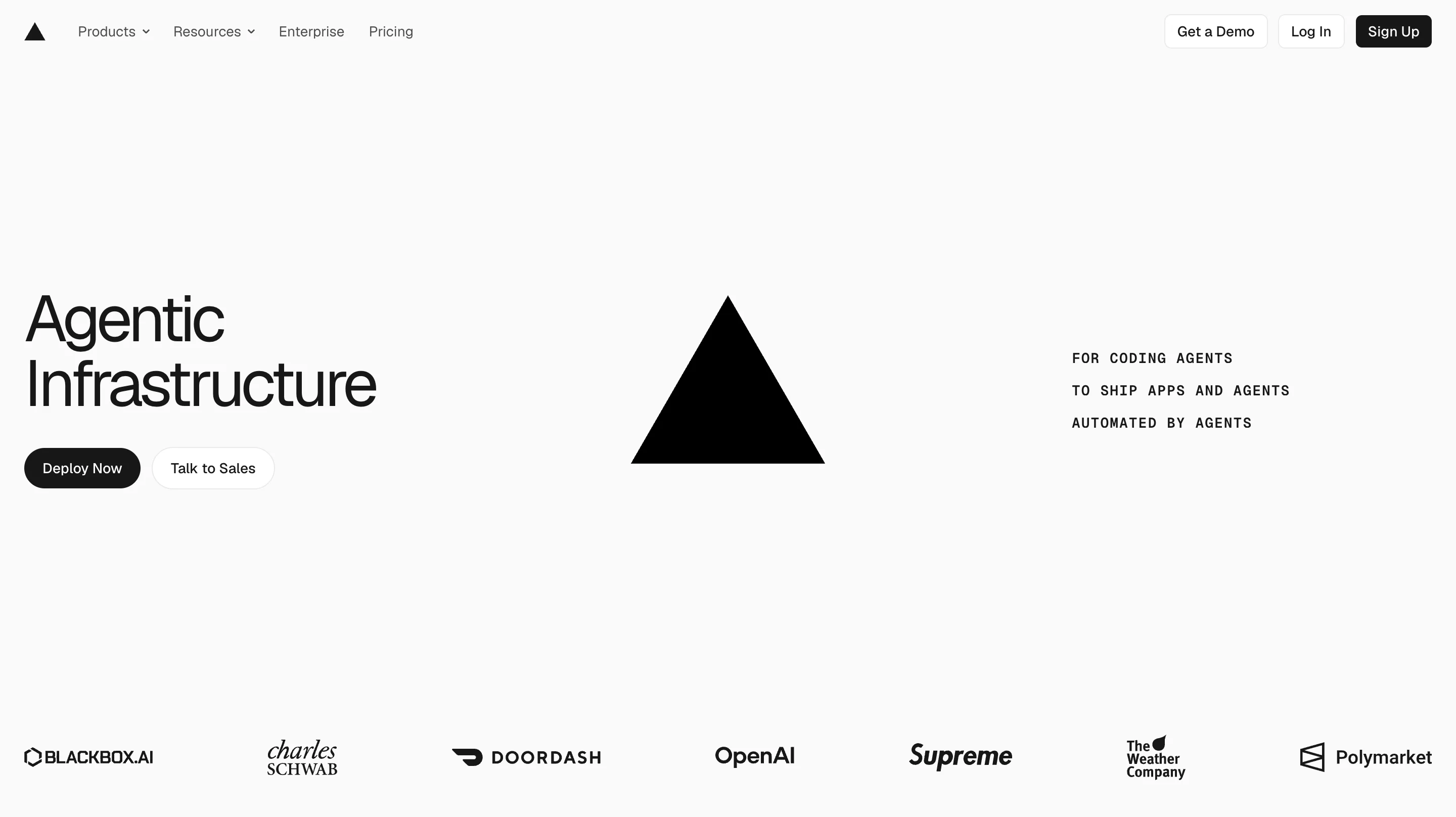 Vercel homepage on a light gray background with a minimalist black triangle logo, the headline "Agentic Infrastructure," "Deploy Now" and "Talk to Sales" buttons, and a customer logo row including DoorDash, OpenAI, and Charles Schwab.