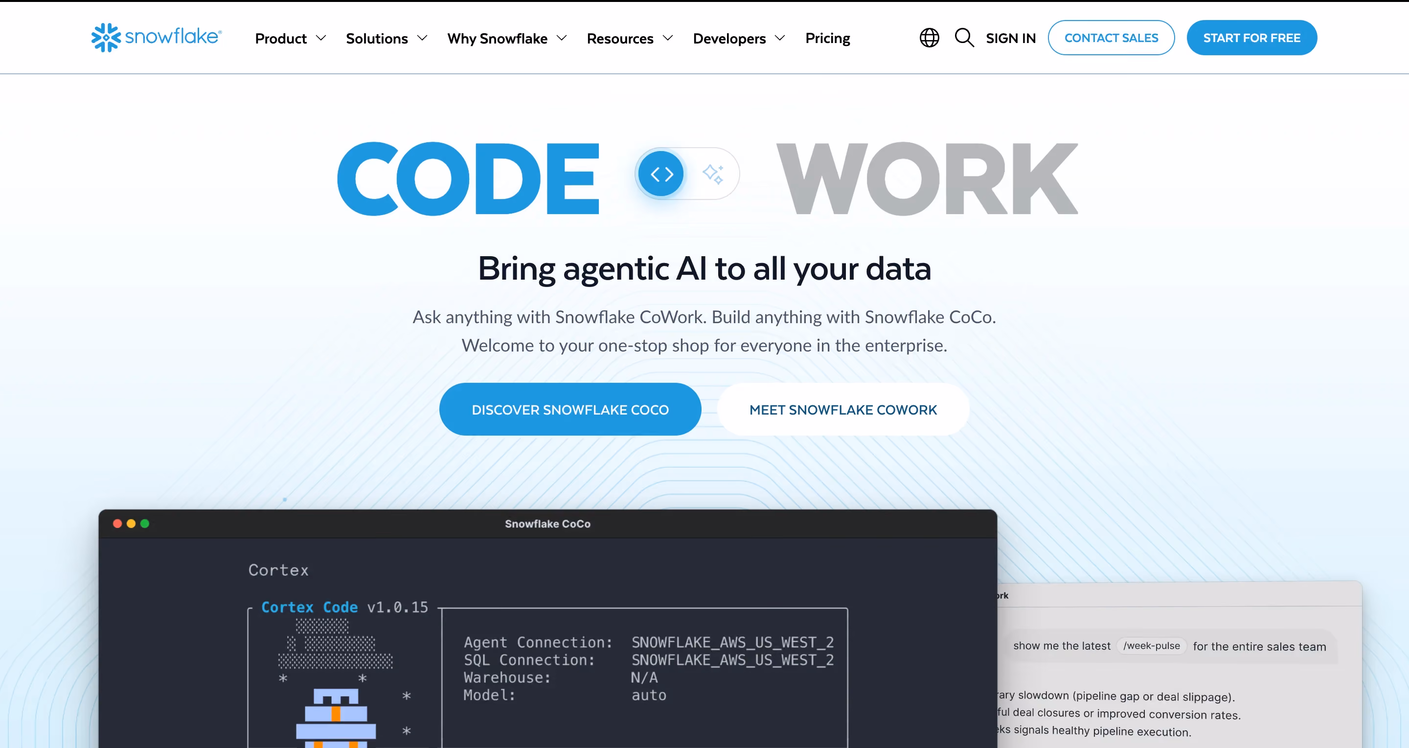 Snowflake homepage hero featuring a "Code Work" toggle headline, the tagline "Bring agentic AI to all your data," buttons for Snowflake CoCo and Snowflake CoWork, and a preview of the Snowflake CoCo terminal interface below.