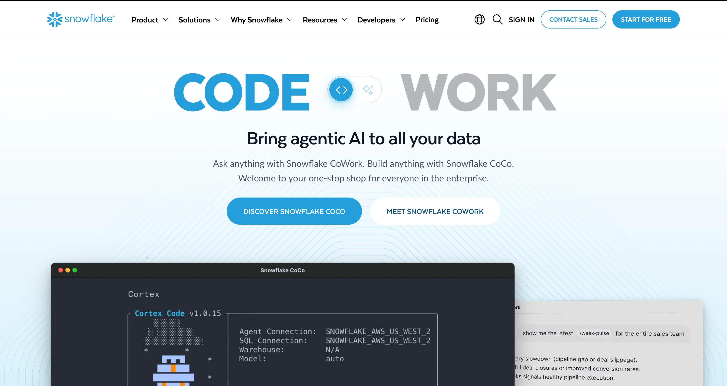 Snowflake homepage hero featuring a "Code Work" toggle headline, the tagline "Bring agentic AI to all your data," buttons for Snowflake CoCo and Snowflake CoWork, and a preview of the Snowflake CoCo terminal interface below.