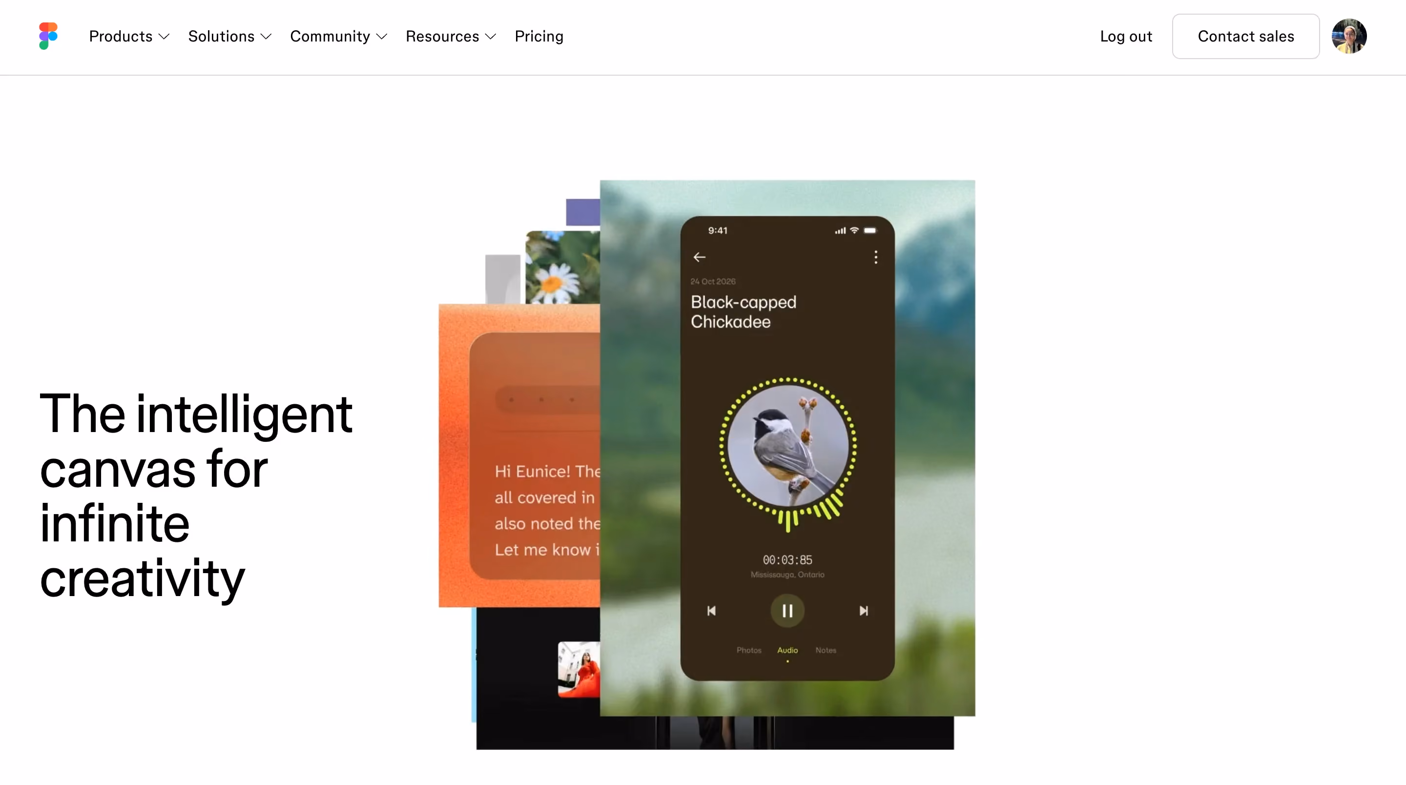 Figma homepage hero reading "The intelligent canvas for infinite creativity," with a layered stack of mobile app screen mockups, including a bird identification app and a messaging interface, displayed on the right side.